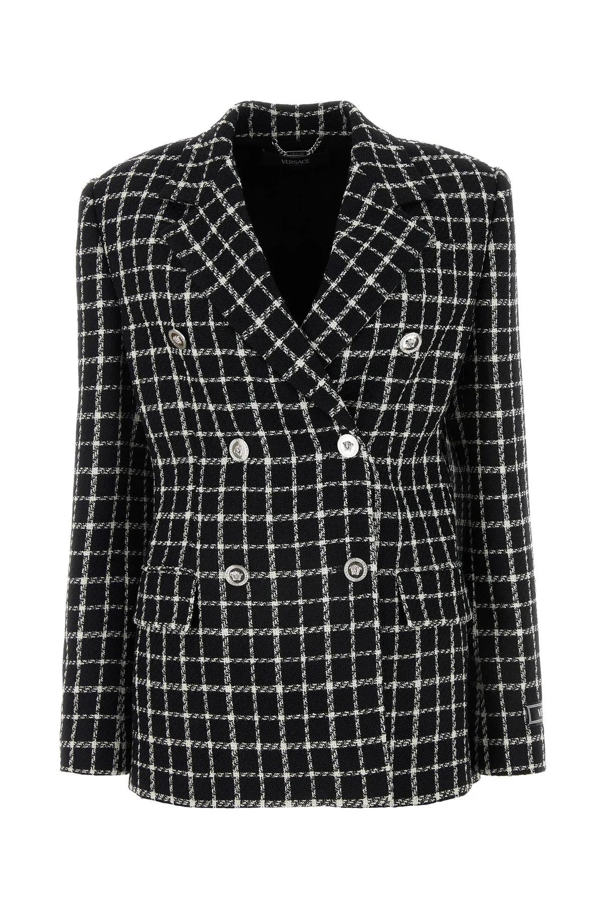 Shop Versace Embroidered Tweed Blazer In Nero Bianco