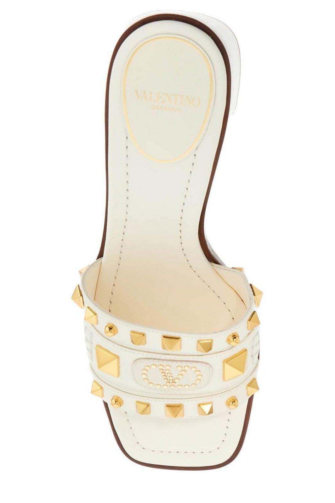 Valentino Ivory Leather Slippers With Golden Studs And Low Heel In Ivory