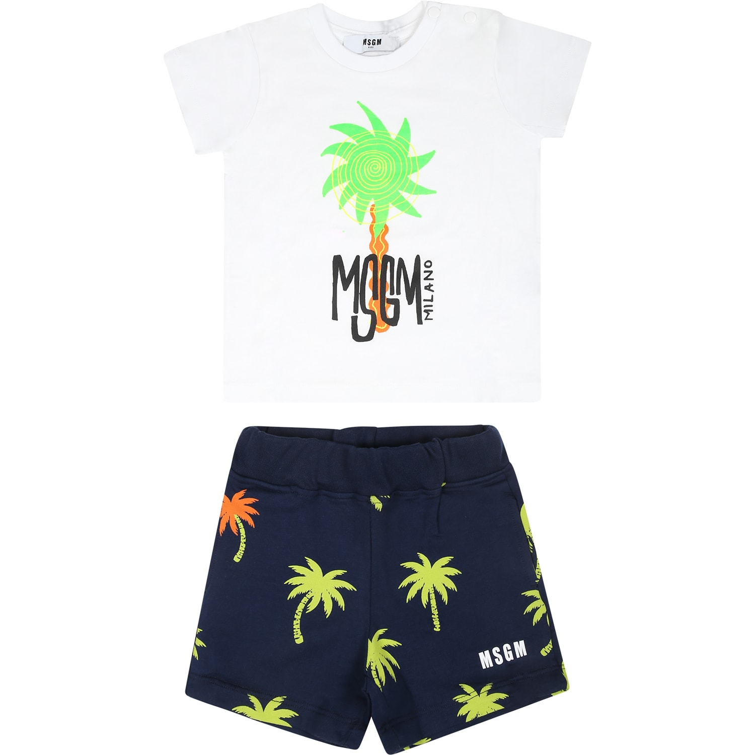 Shop Msgm White Suit For Baby Boy With Logo And Palm Tree In Multicolor