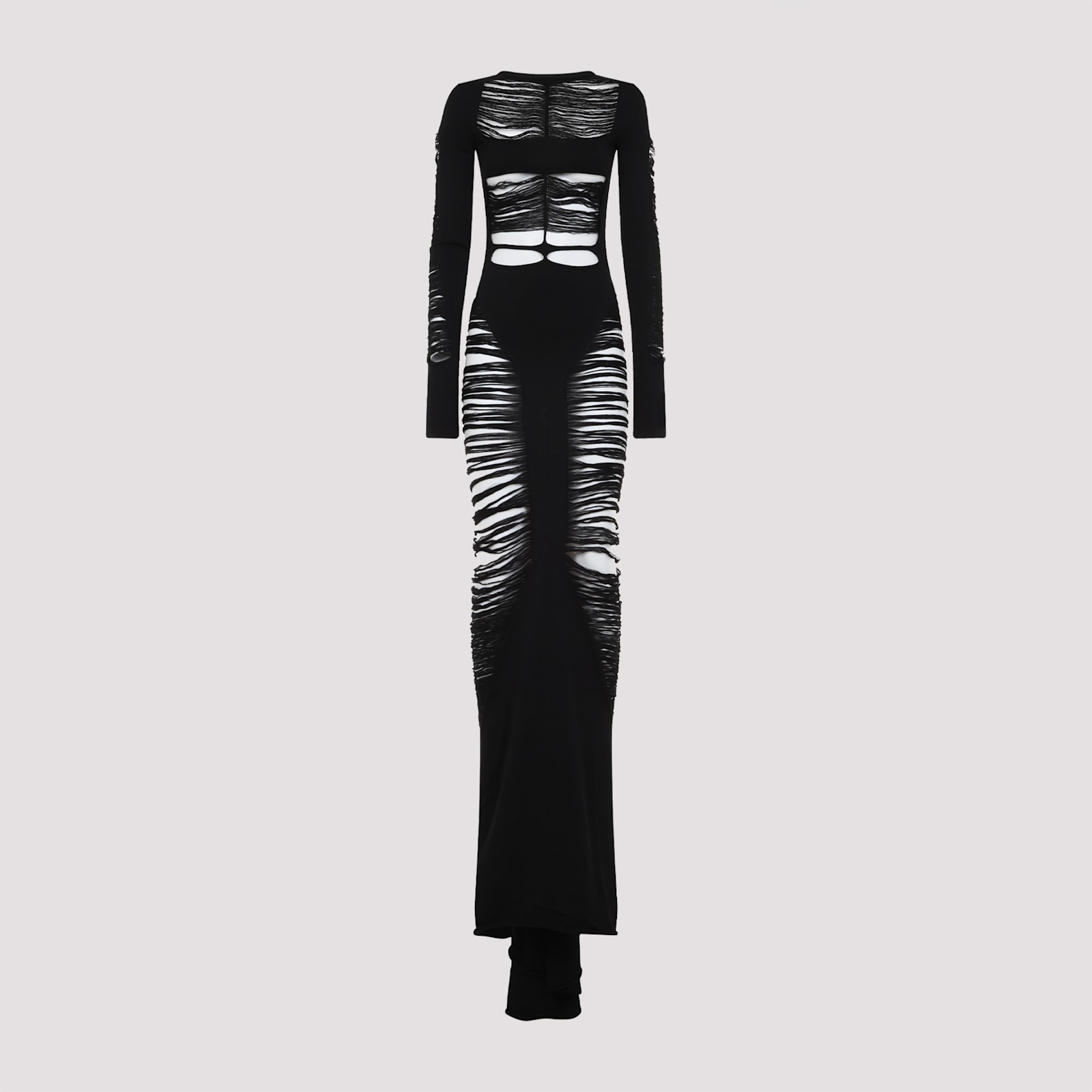 Rick Owens Long Black Wool Dress With Intricate Cut-outs