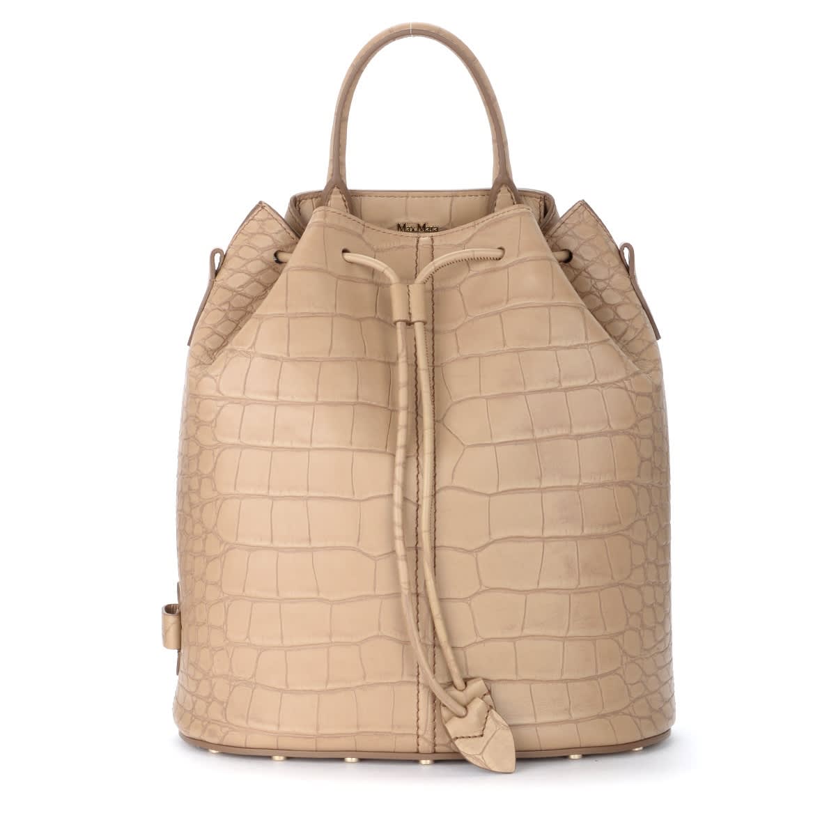 Max Mara Bucket Bag In Camel Color Leather With Crocodile Effect