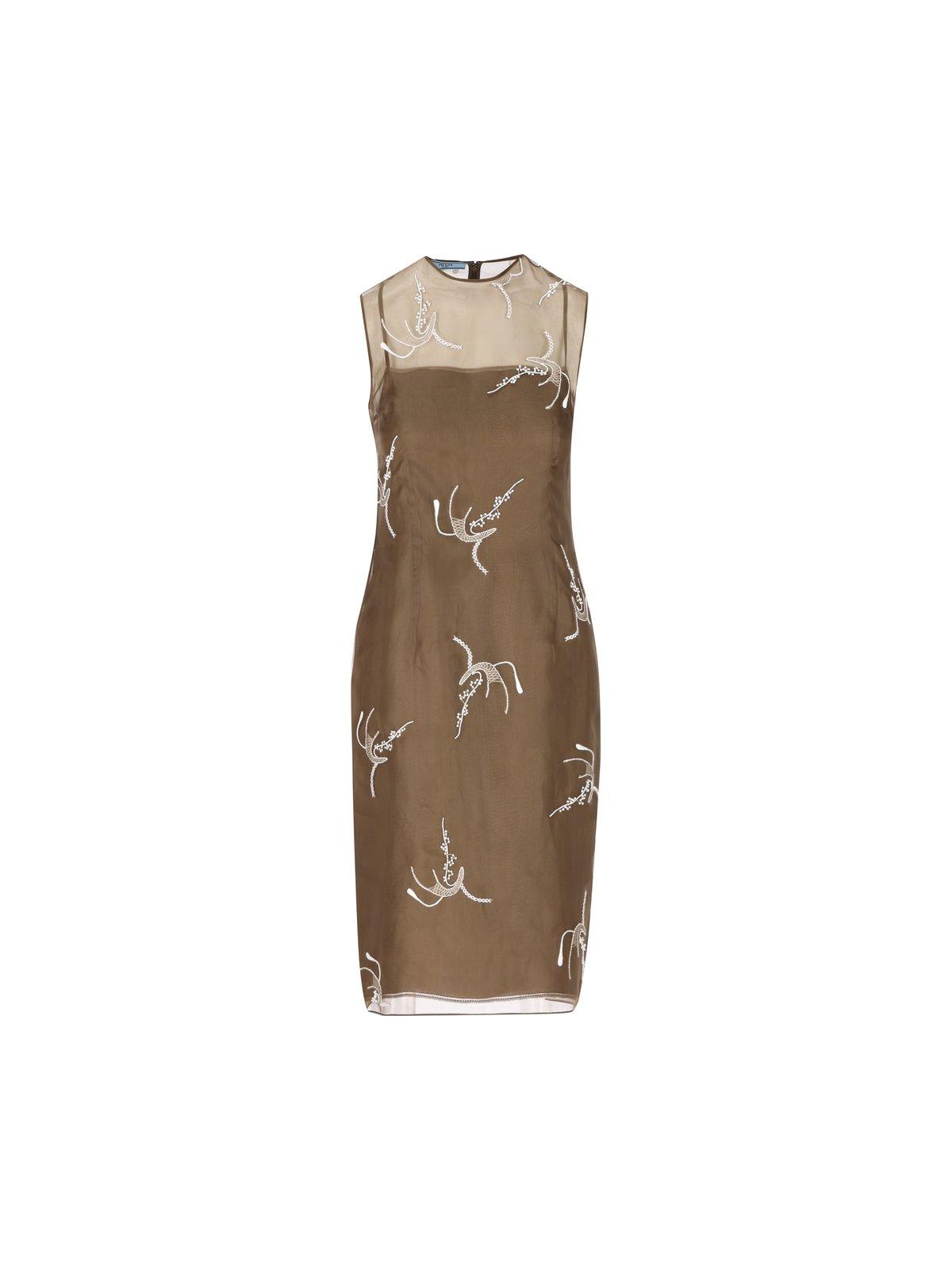 Shop Prada Allover Embroidered Sleeveless Midi Dress In Mimetico