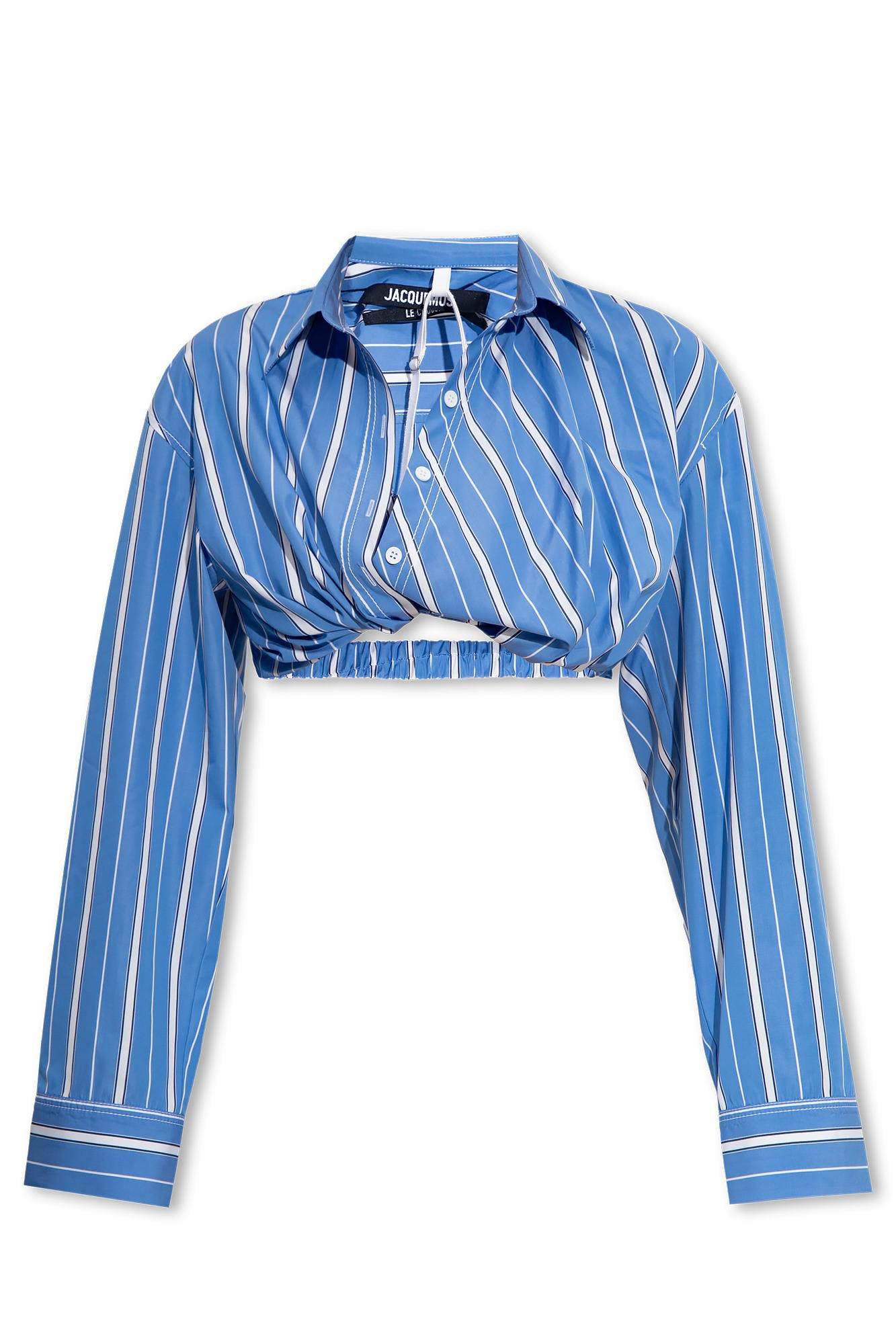 Jacquemus La Chemise Bahia Courte Cropped Button-front Shirt In Blue/white