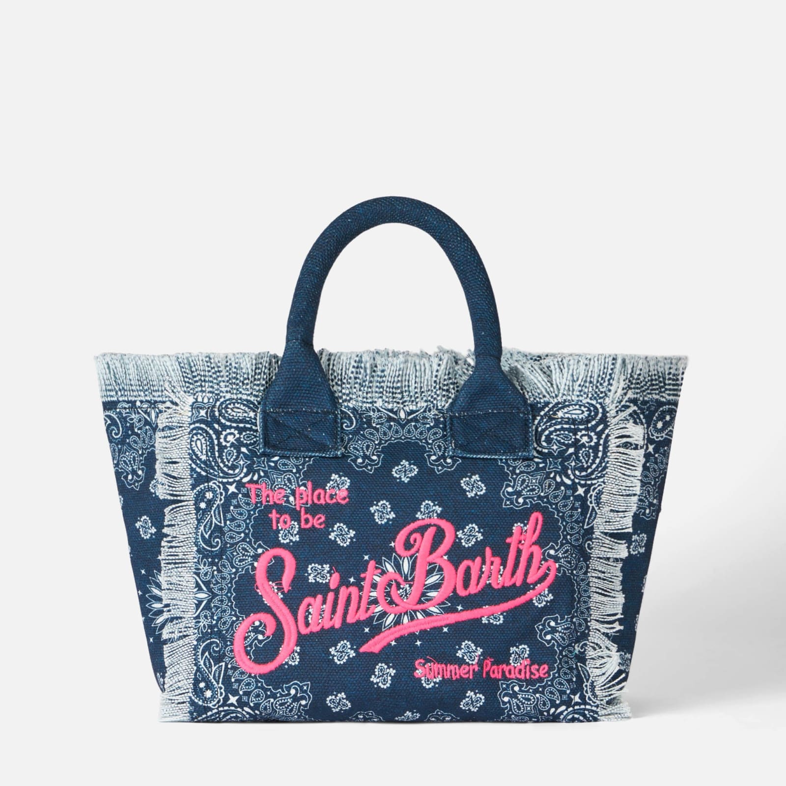 Shop Mc2 Saint Barth Colette Denim Canvas Handbag With Bandanna Print In Blue