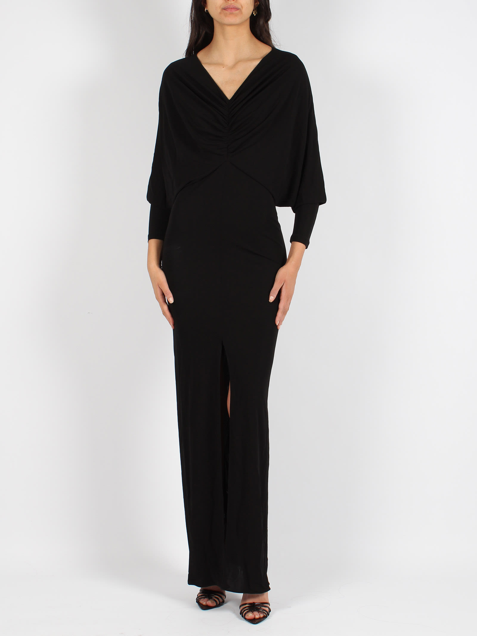 Saint Laurent Viscose Long Dress With Velvet Texture In Black