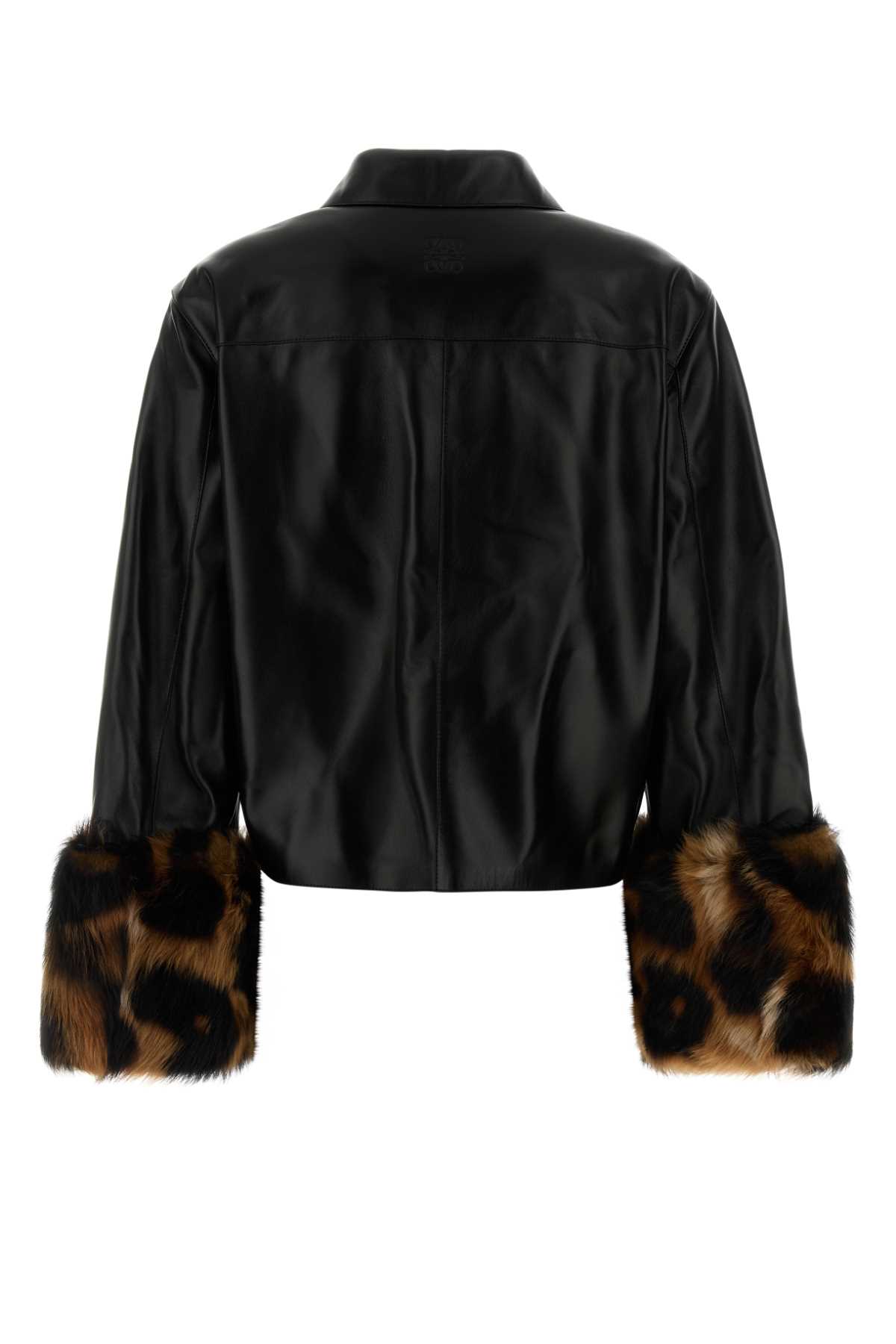 Loewe Leopard-print Shearling-trimmed Glossed-leather Jacket In Black