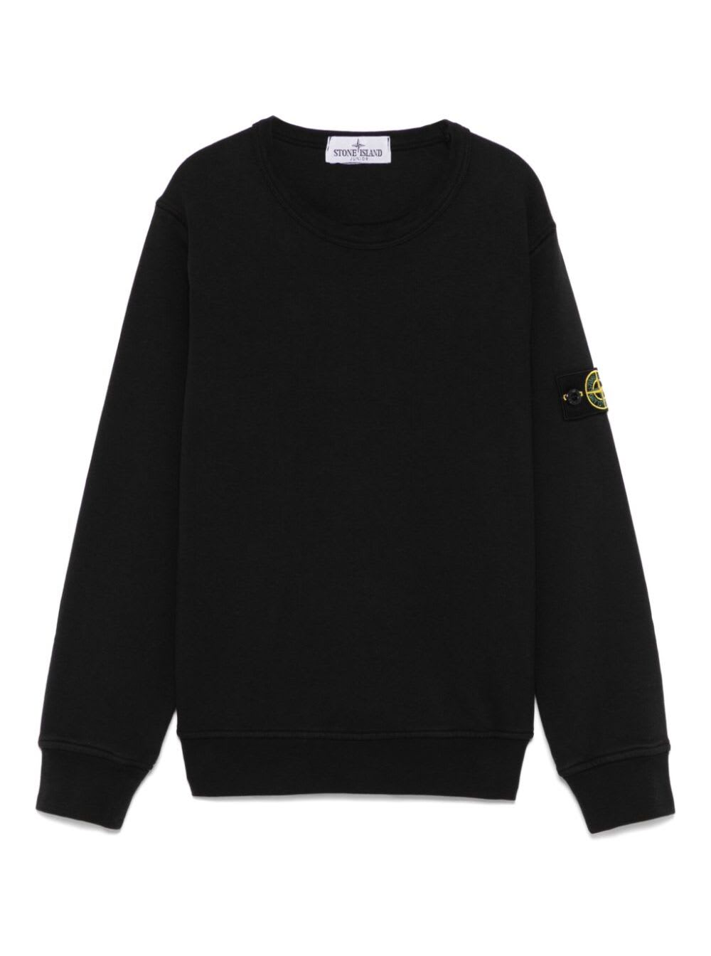 Stone Island Black Crewneck Sweatshirt With Logo Patch On The Sleeve In Cotton Boy In Black