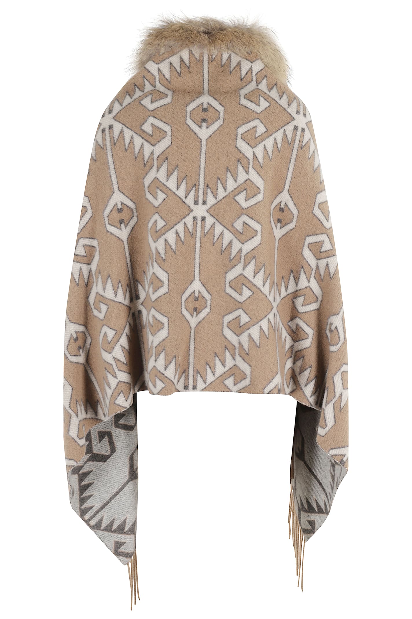 Bazar Deluxe Faux-fur Trimmed Patterned Cape In Neutral