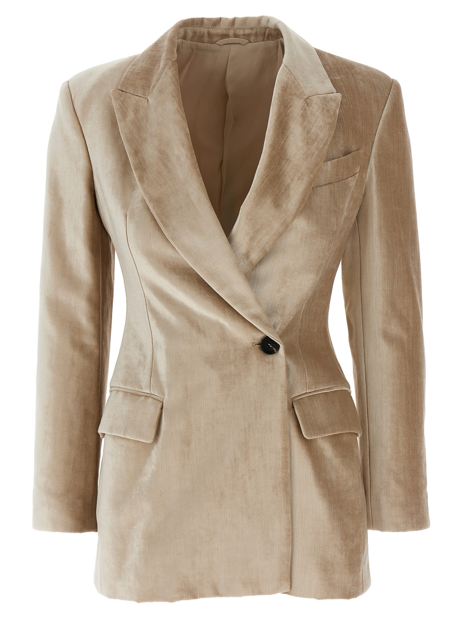 Shop Brunello Cucinelli Double-breasted Velvet Blazer In Beige