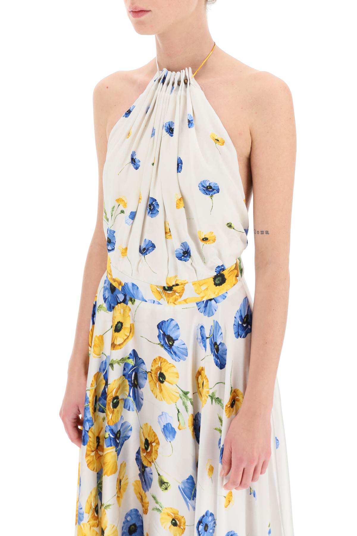 Shop Raquel Diniz Karla Satin Midi Dress In Yellow Blue Blossom (white)