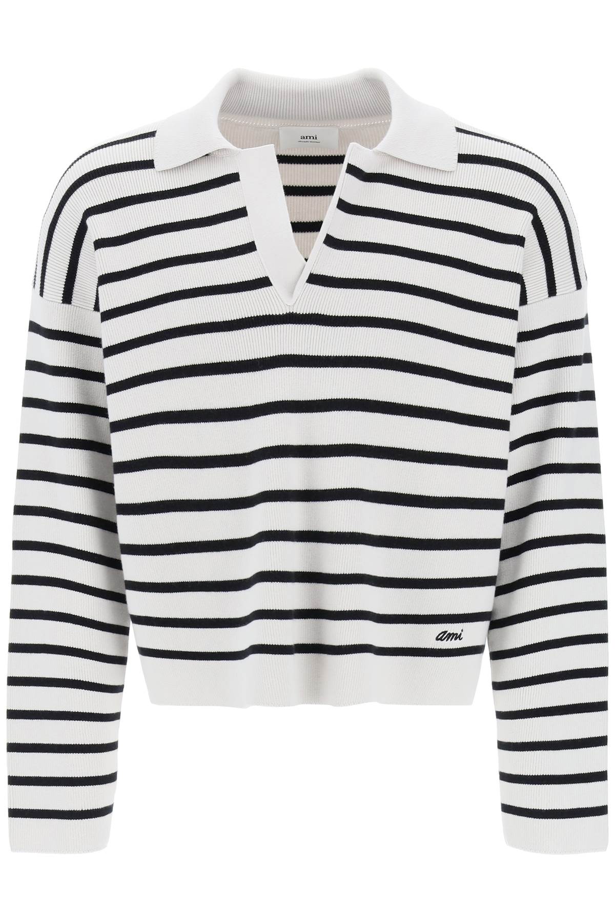 Shop Ami Alexandre Mattiussi Striped V-neck Magic Pullover Sweater. In Craie Noir (grey)