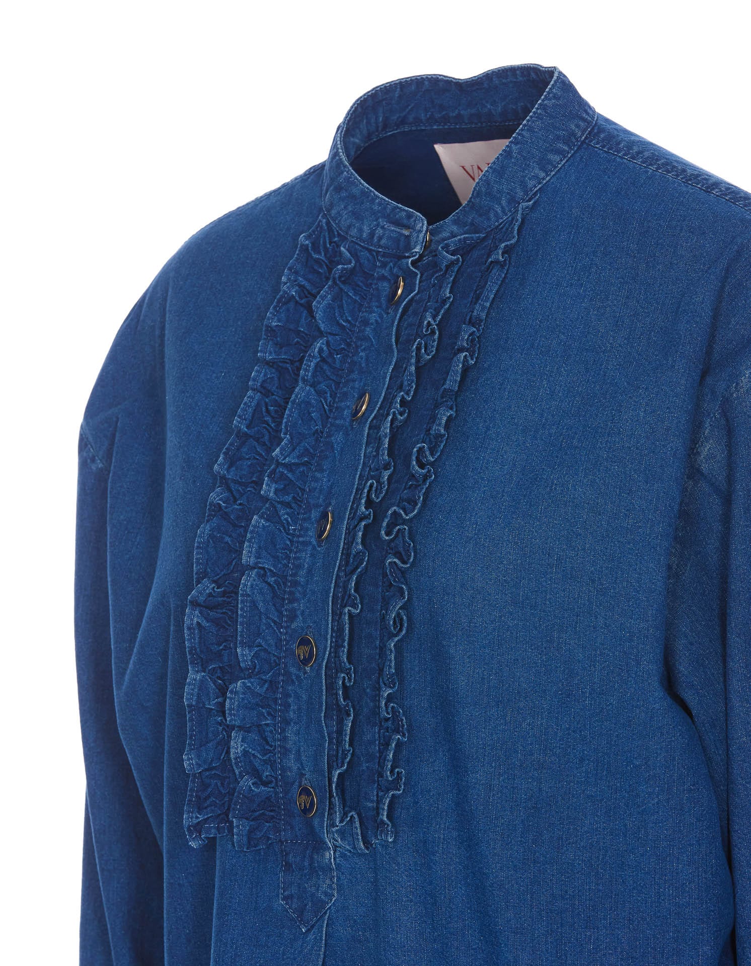 Valentino Classic Blue Denim Shirt With Ruffled Placket In Blue