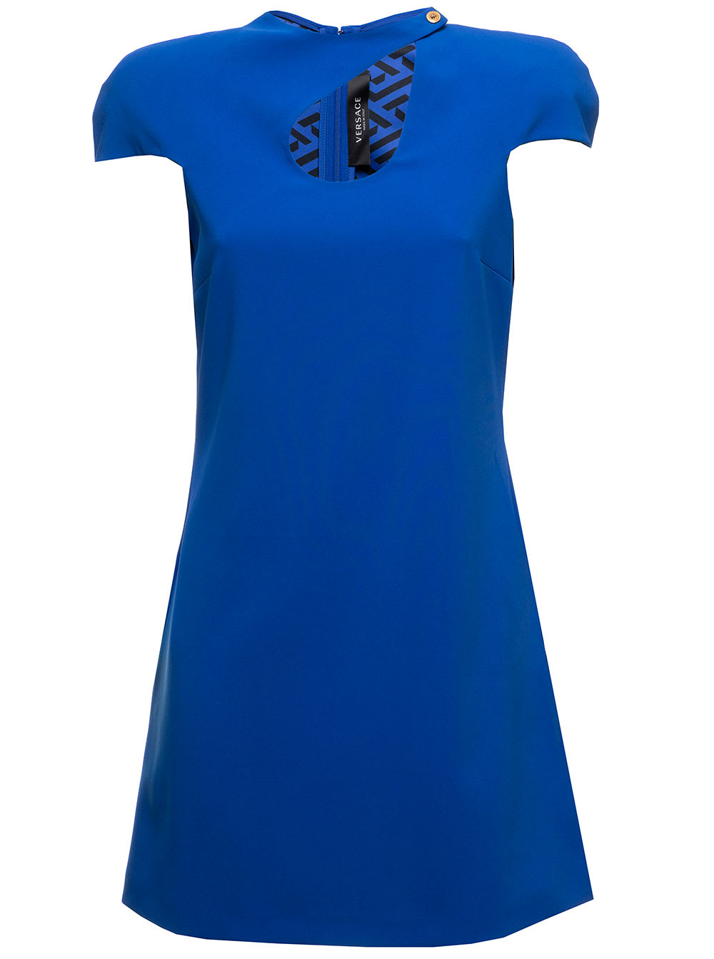 Versace Electric Blue Midi Dress In Virgin Wool Knit With Cut Out And Medusa Detailing Versace Woman