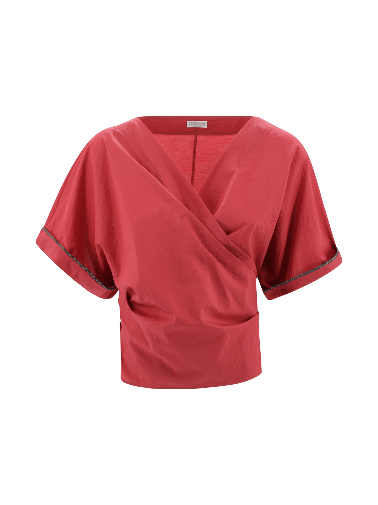 Brunello Cucinelli Red Shirt With V-neck And Monili Detail In Cotton Woman In Red