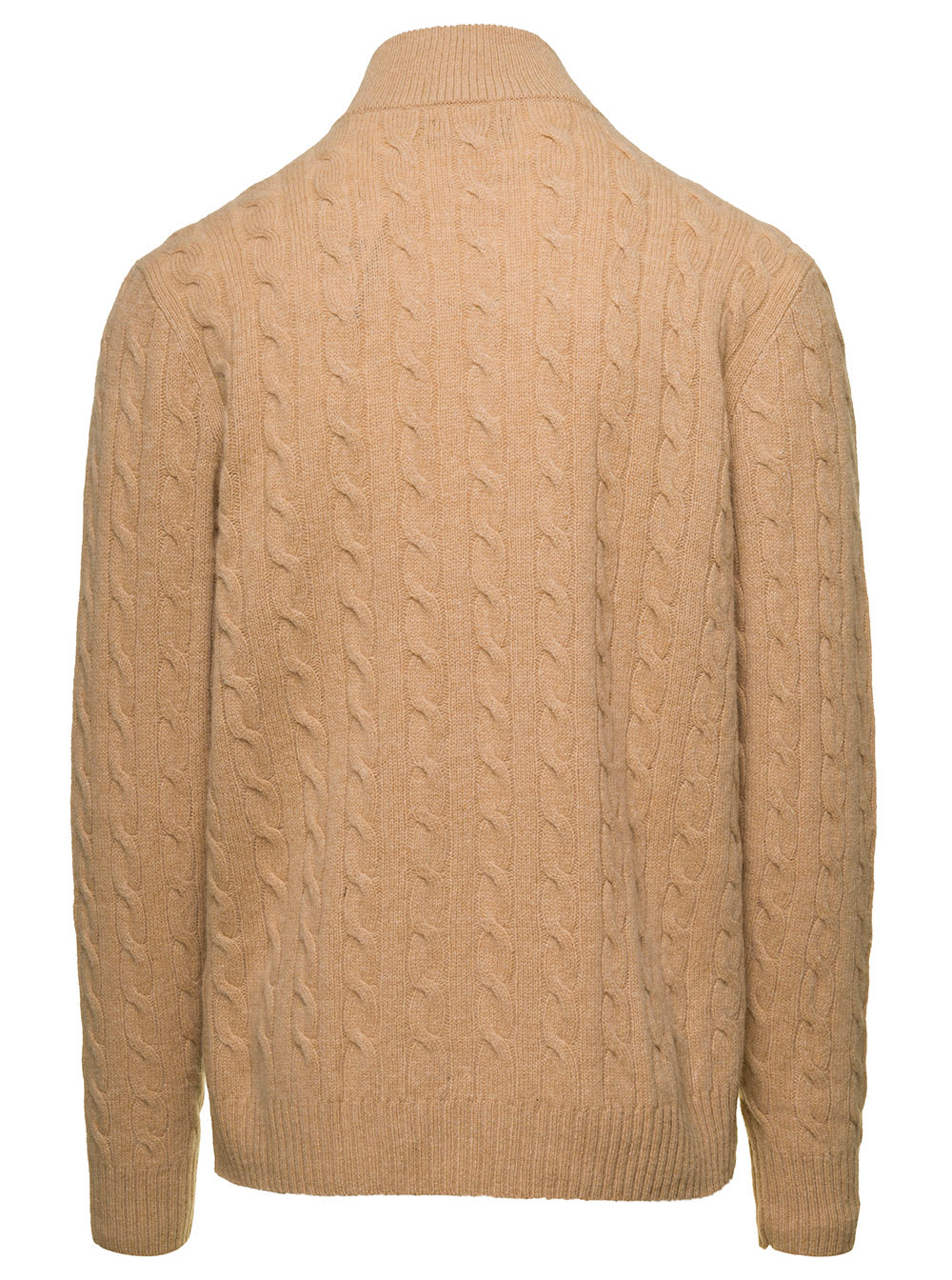 Shop Ralph Lauren Beige Cable Knit Sweater With Zip And Pony Embroidery In Wool And Cashmere Man In Camel Melange