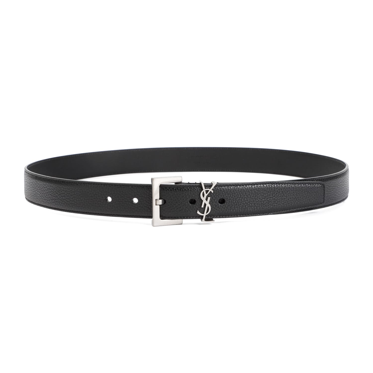Saint Laurent Cassandre Buckle Grained Leather Belt In Black