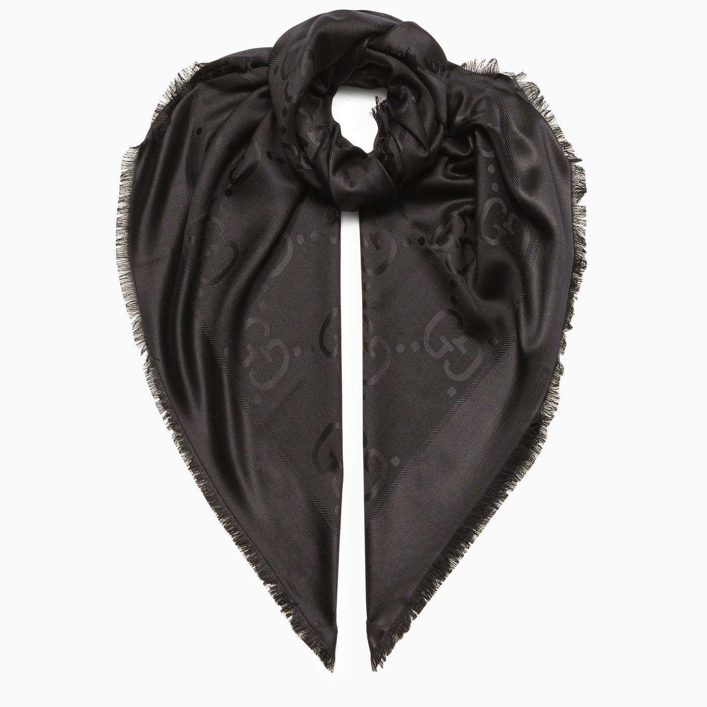 Gucci Black Gg Jacquard Frayed Scarf