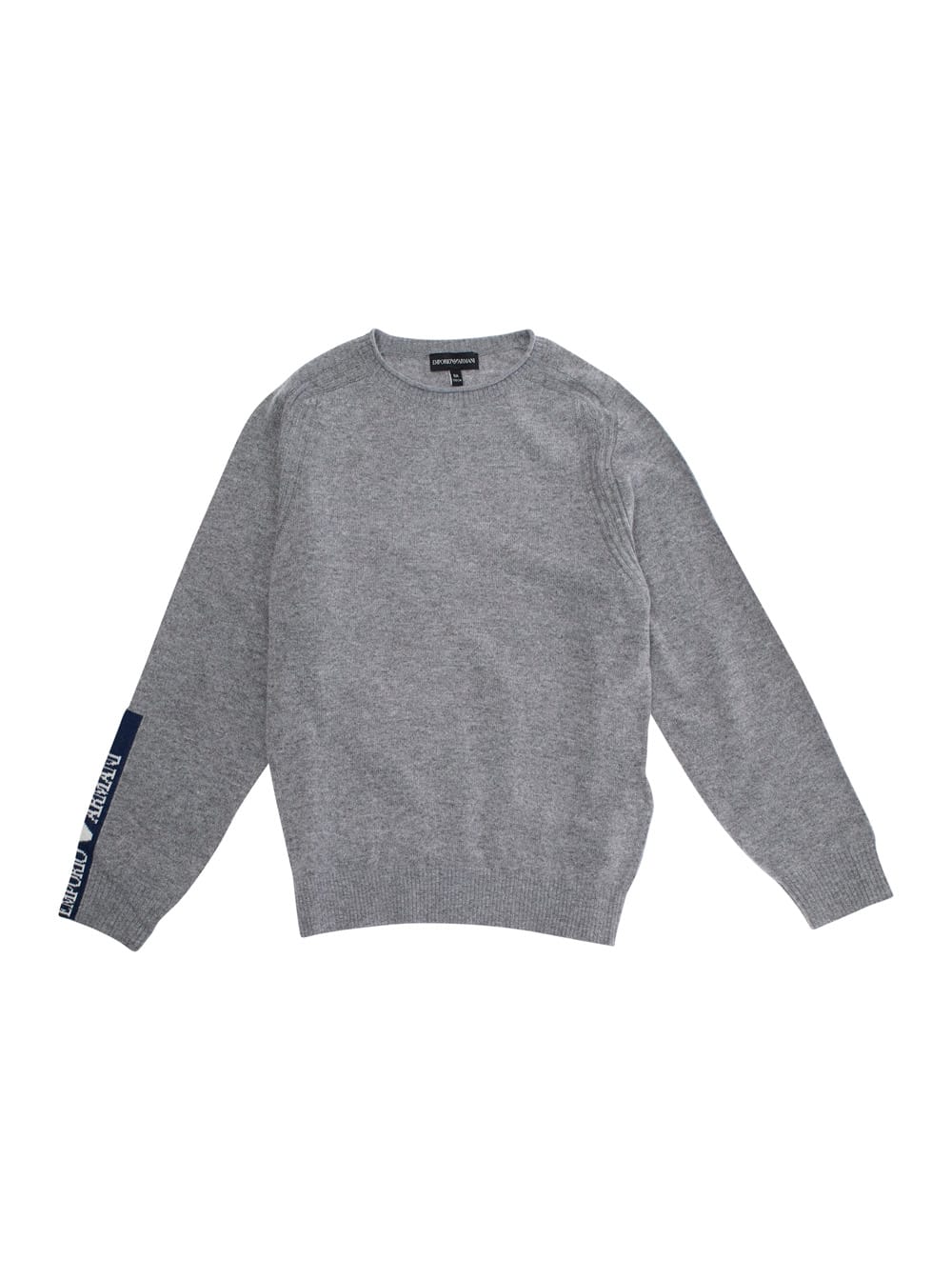 Emporio Armani Grey Crewneck Sweater With Logo Detail On The Sleeve And Ribbed Trims In Wool And Cotton Blend Boy In Gray