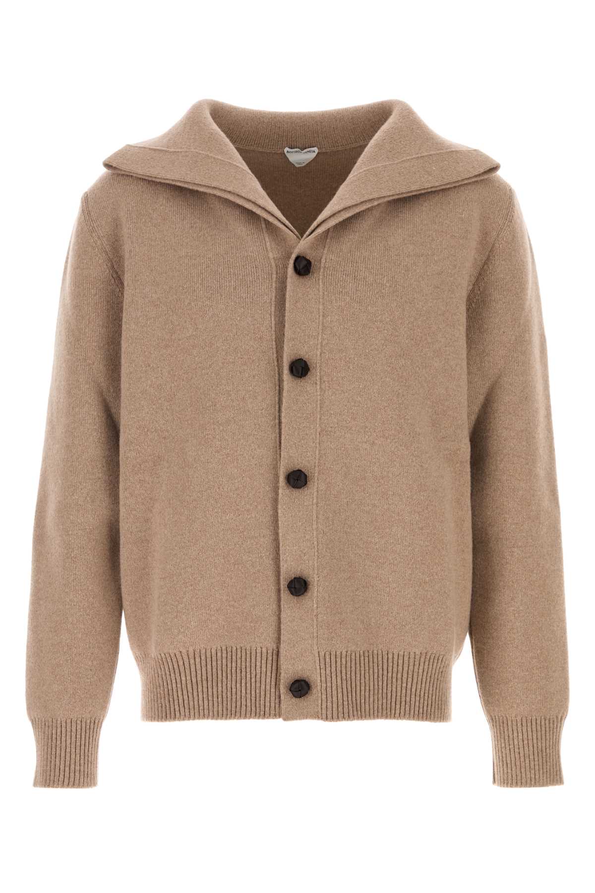 Bottega Veneta Wool Cardigan With Folded Collar And Ribbed Cuffs In Brown