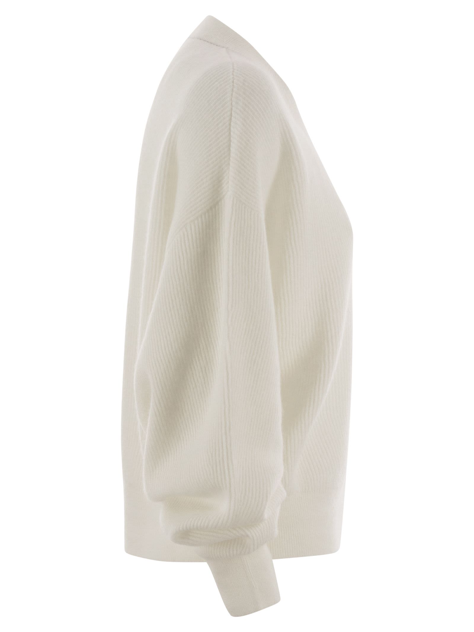 Brunello Cucinelli Alpaca And Cotton Rib Sweater With Moniline In White