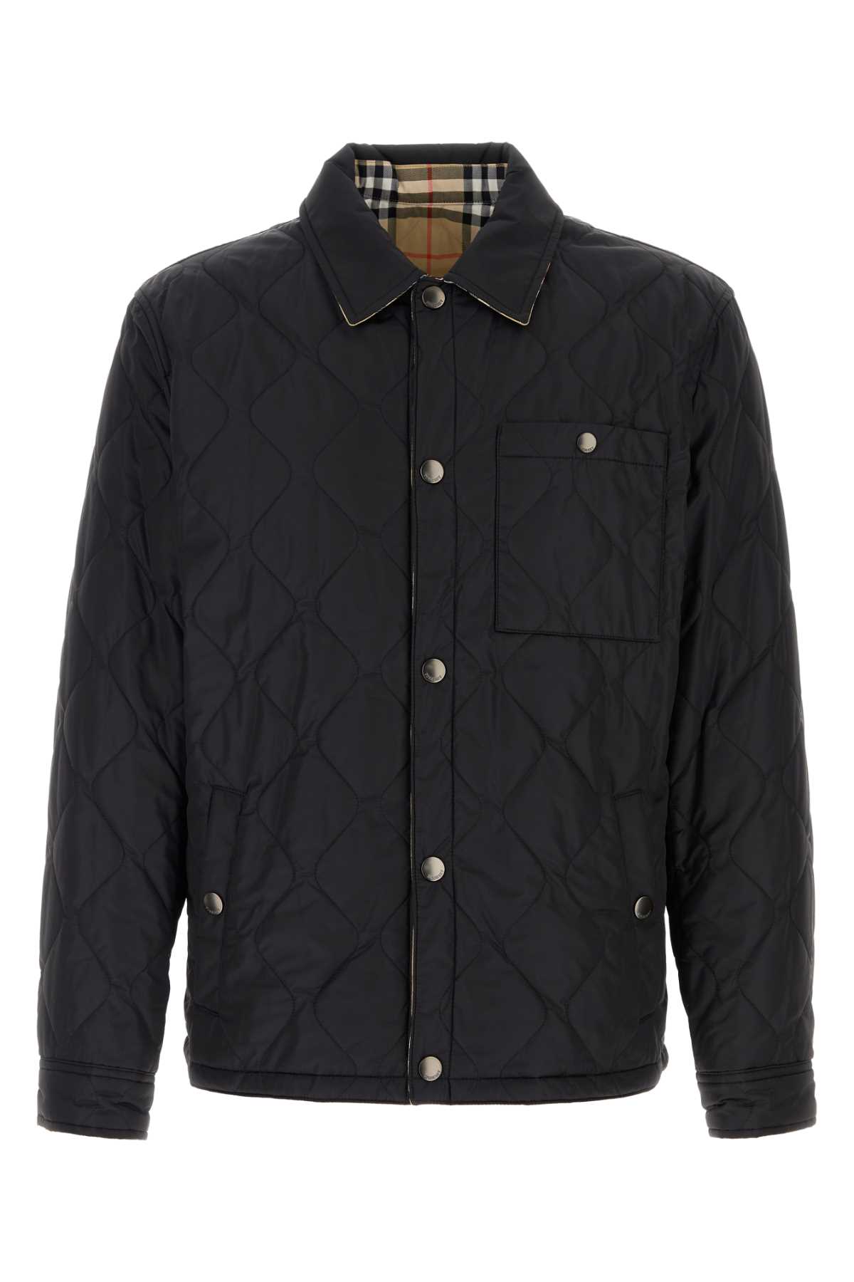 Burberry Quilted Black Coat With Classic Collar And Check Pattern Lining In Black