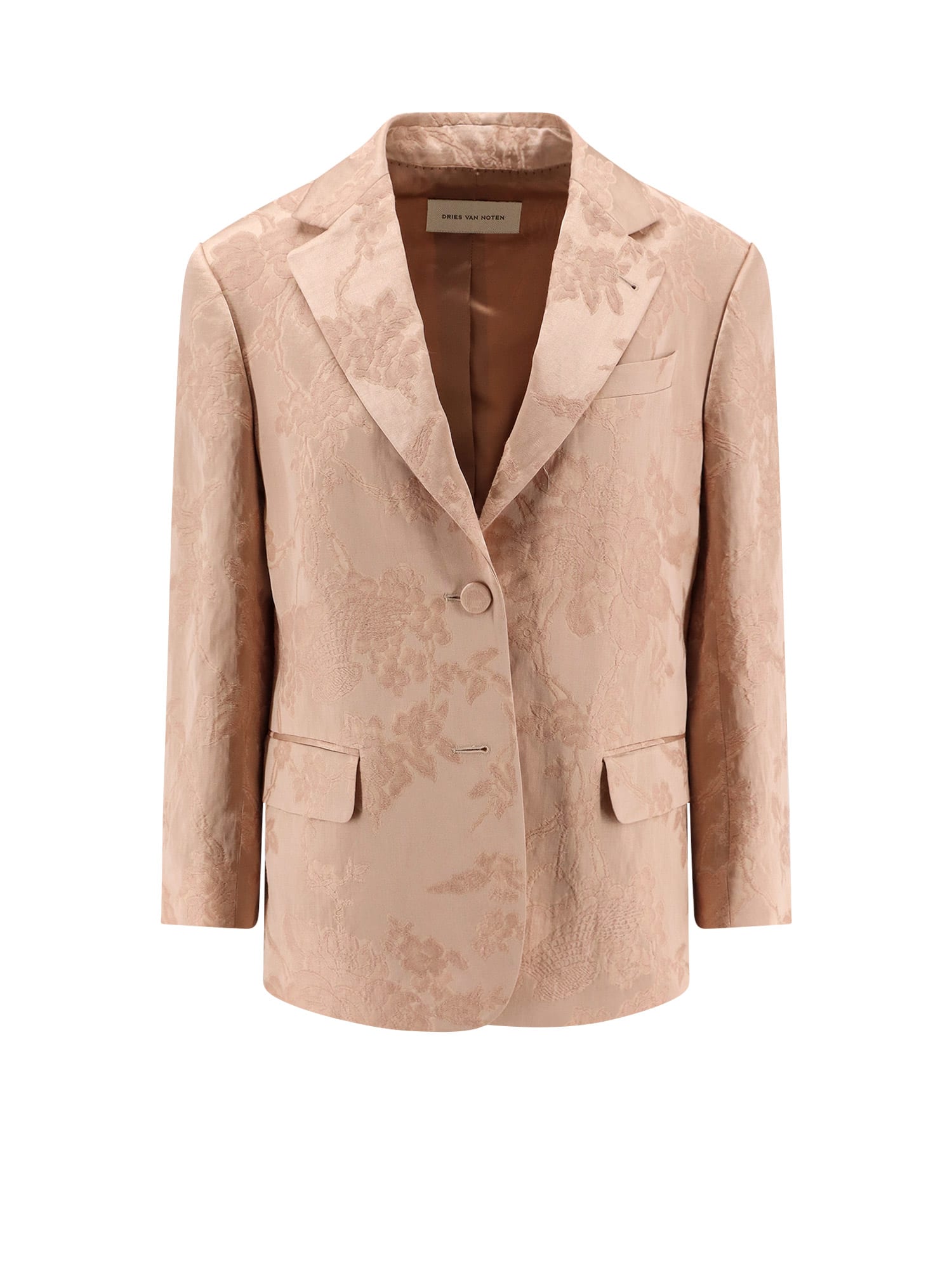 Dries Van Noten Jacquard Linen Blend Blazer With Floral Motif In Pink