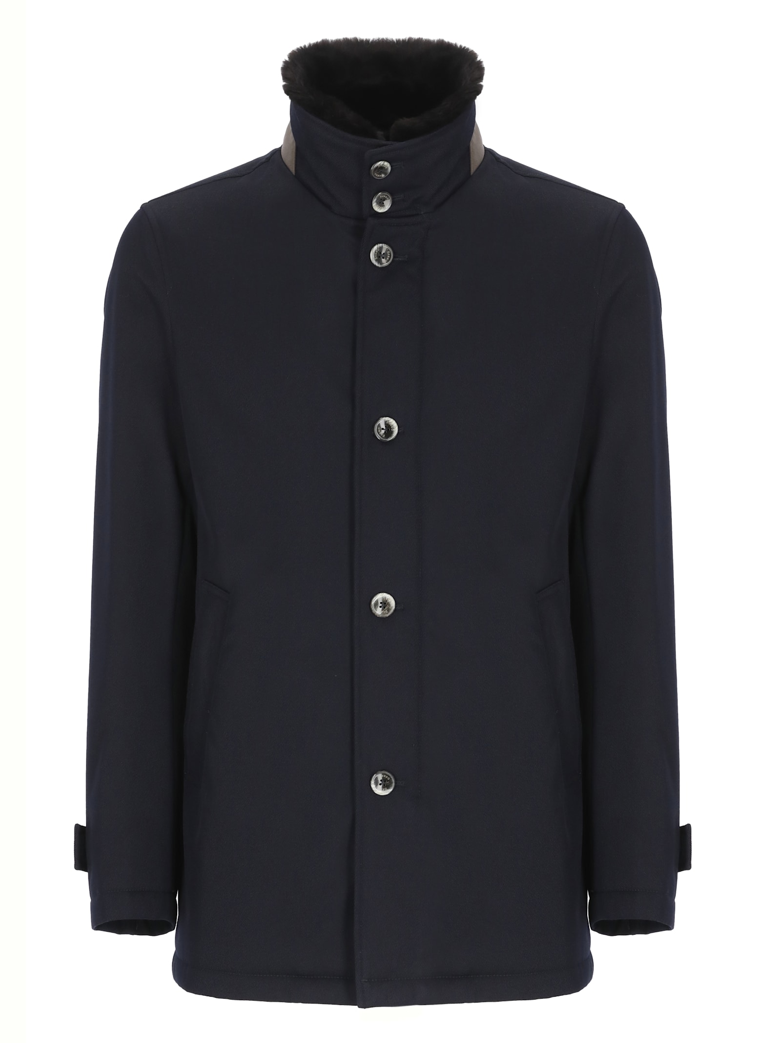 Herno Long Sleeve Coat With High Collar And Fur In Black