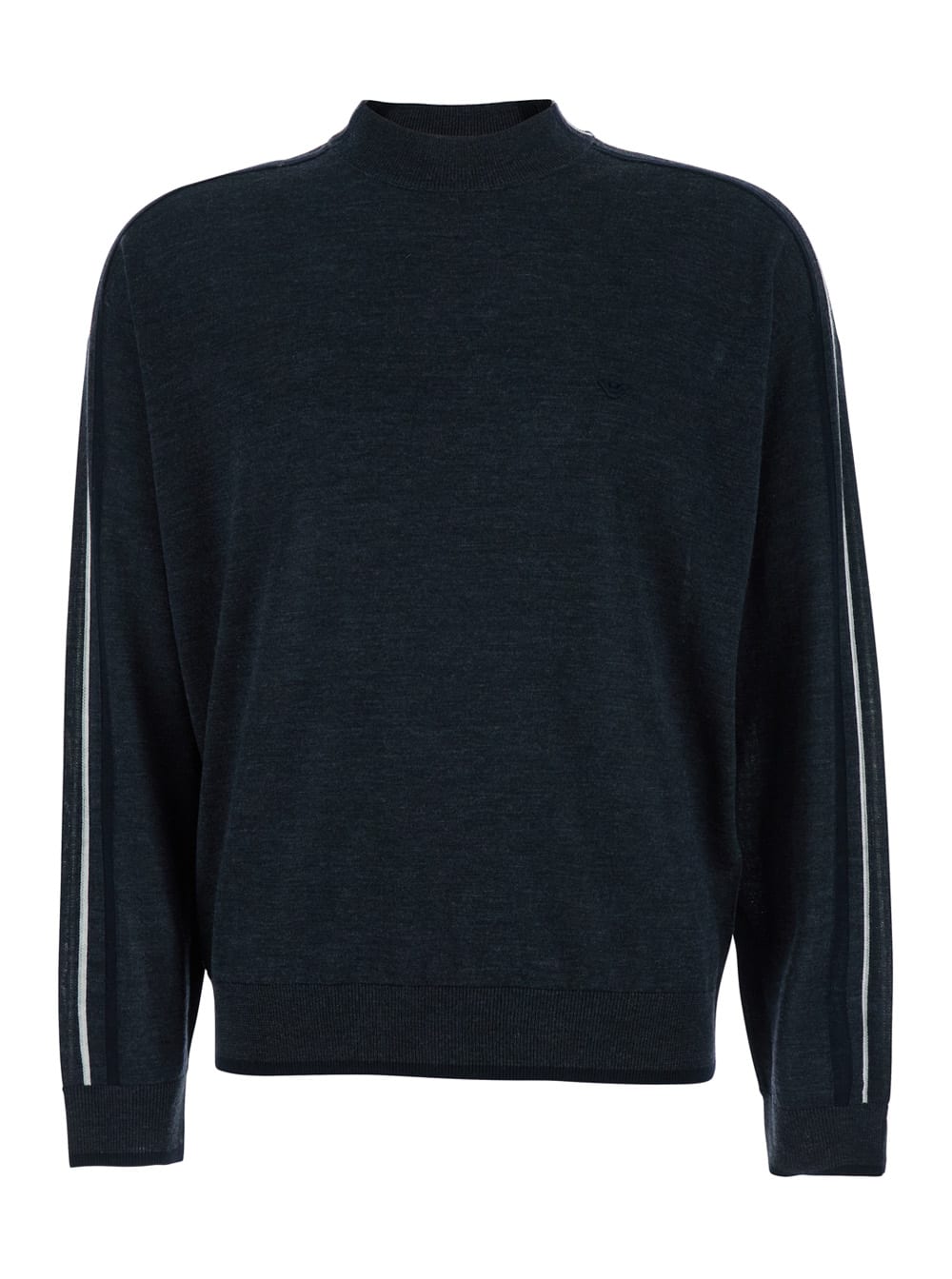 Emporio Armani Dark Grey Crewneck Sweater With Stripe Detail On The Sleeve In Wool Man In Gray