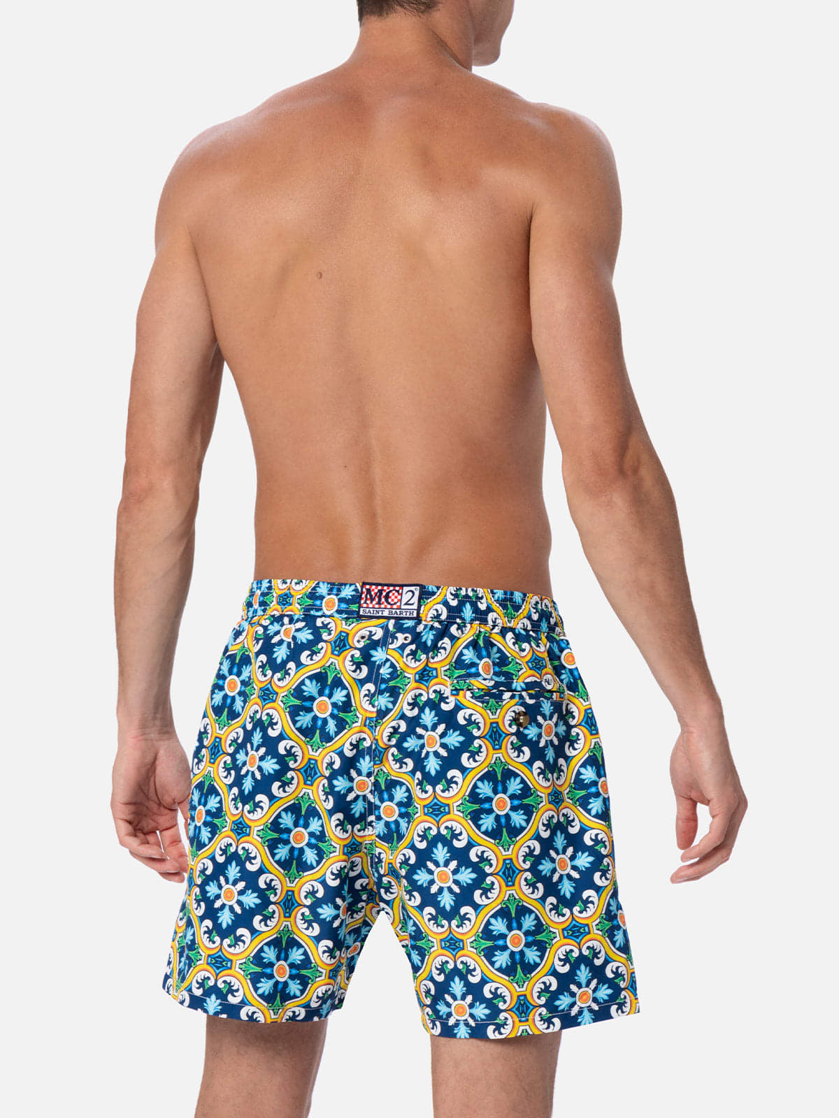 Mc2 Saint Barth Man Lightweight Fabric Swim-shorts Lighting 70 With Majolica Print In Blue