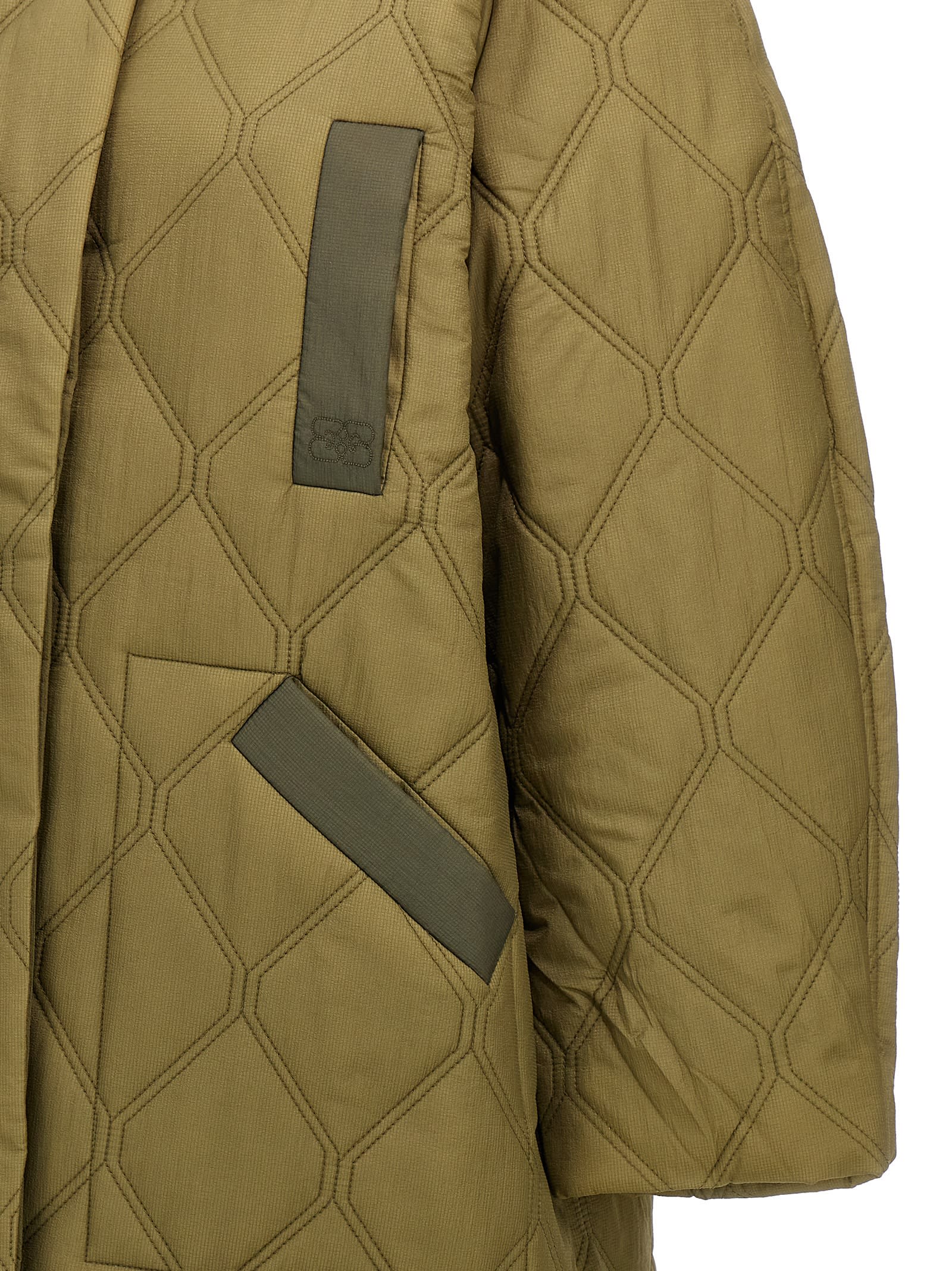 Shop Ganni Quilt Raglan Long Down Jacket In Green