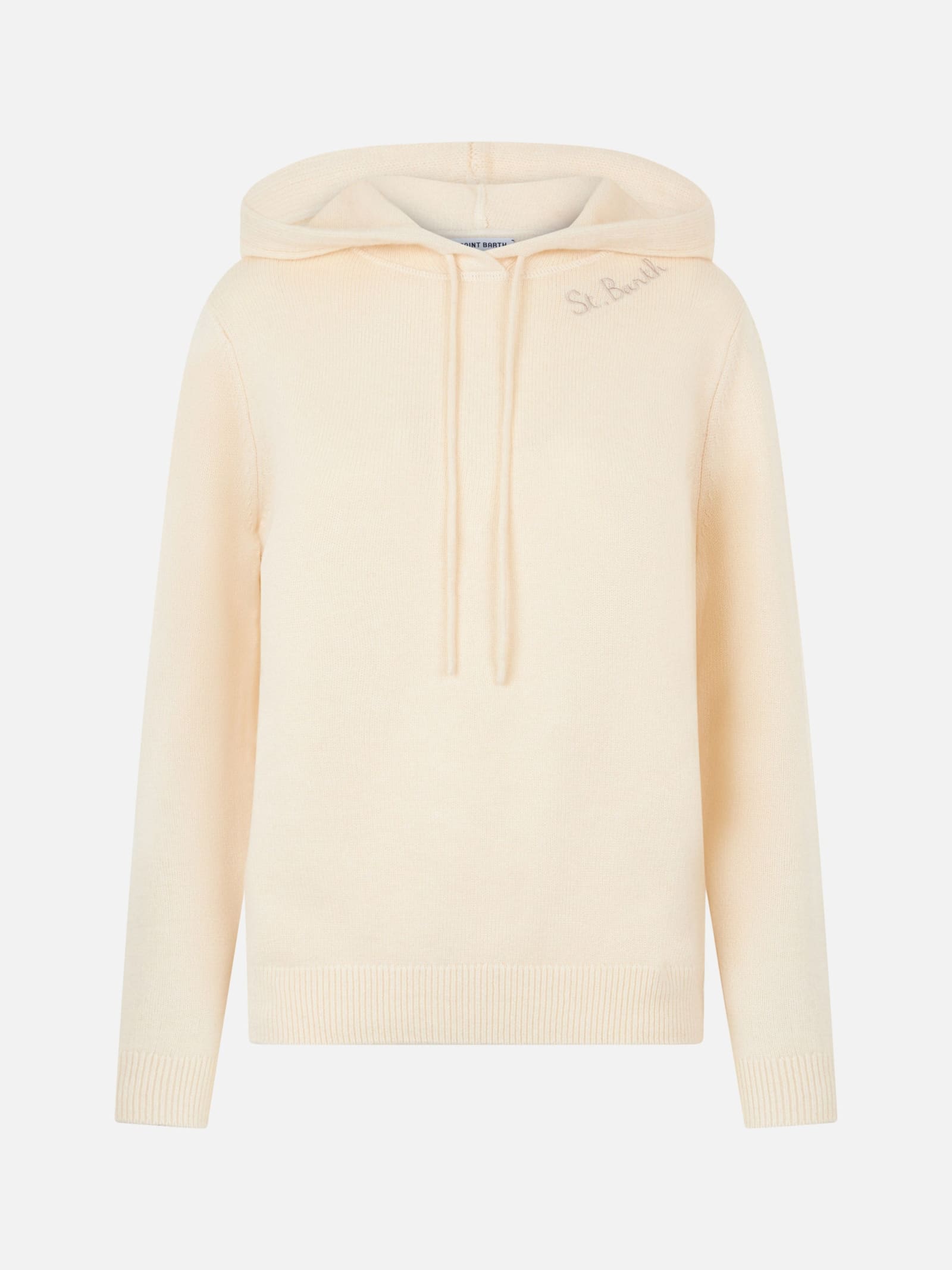 Mc2 Saint Barth Woman Off White Knitted Hoodie With St. Barth Embroidery In White