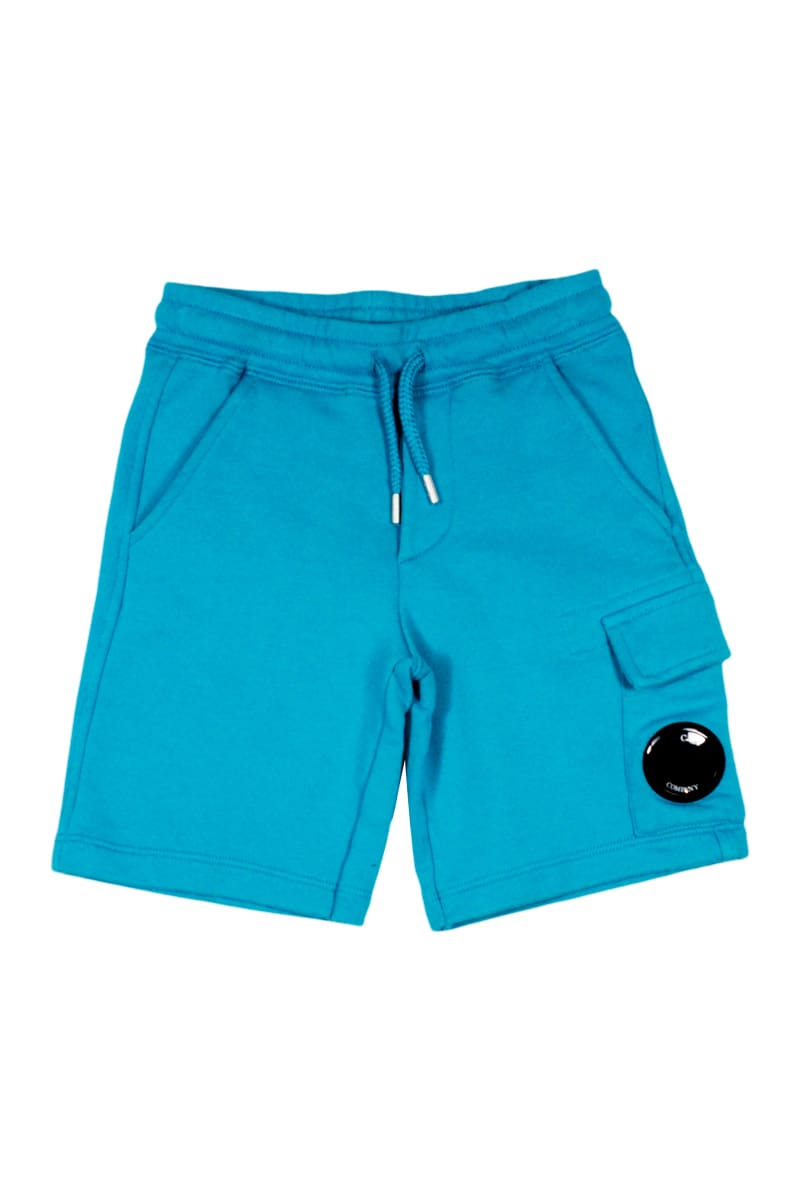 C.p. Company Kids' Bermuda Shorts In Cotton Fleece With Drawstring At The Waist And Pocket With Lens On The Leg In Blu Royal