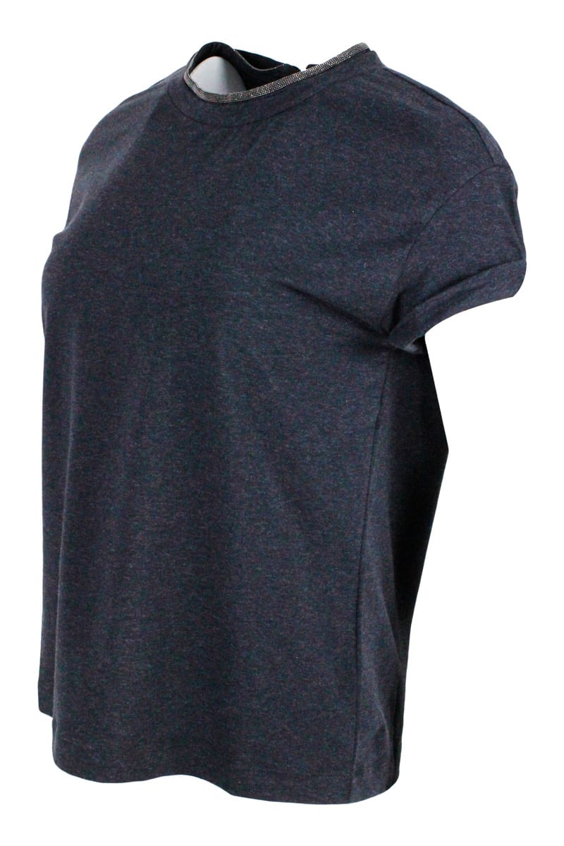 Brunello Cucinelli Short-sleeved T-shirt In Elasticized Stretch Cotton With A Crew Neck Edged With Jewels In Grey Antracite