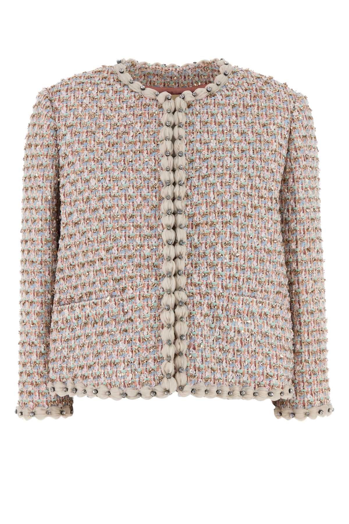 Valentino Short Jacket With Tweed Texture And Button Detailing In Neutral