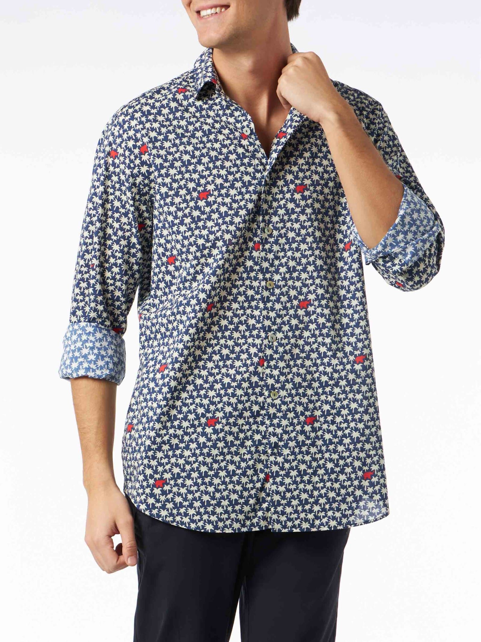Mc2 Saint Barth Man Muslin Cotton Sikelia Shirt With Palm Print