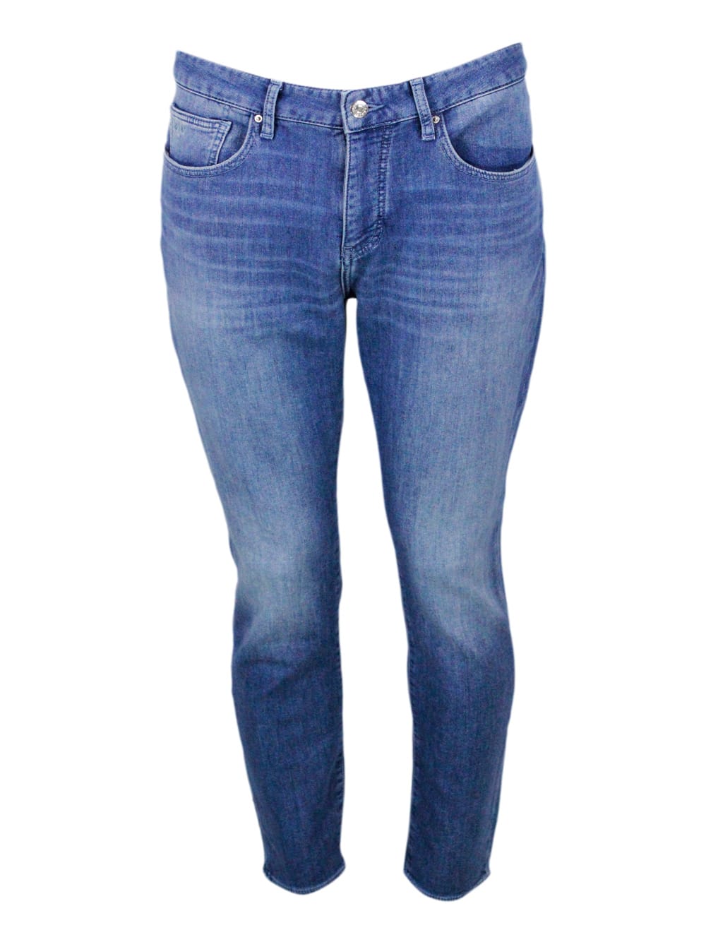 Armani Collezioni Skinny Jeans In Soft Stretch Denim With Matching Stitching And Leather Tab. Zip And Button Closure