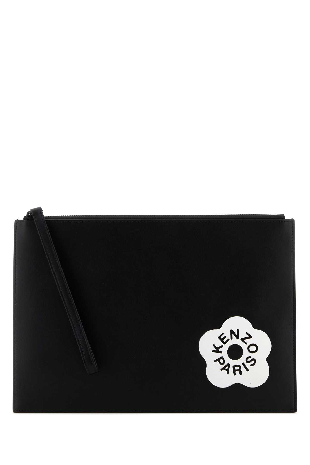 Shop Kenzo Black Leather Large  Stamp Clutch In Noir