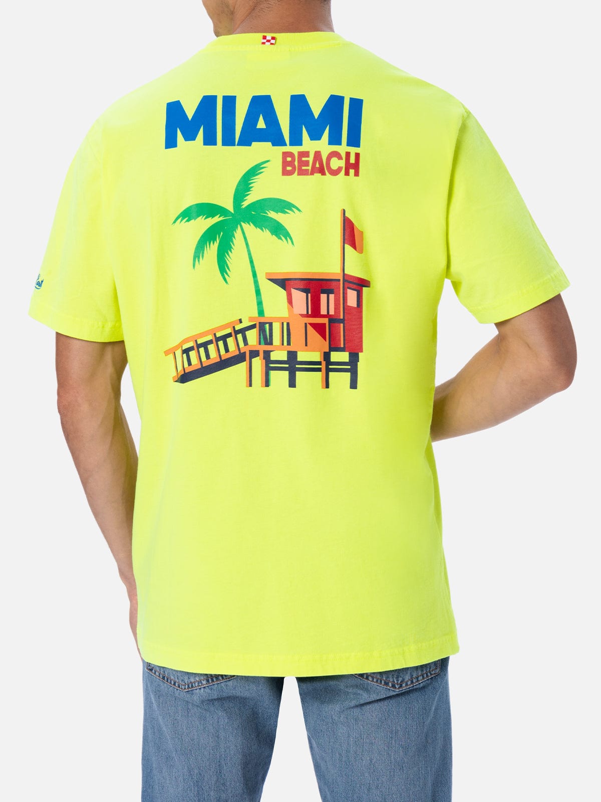 Shop Mc2 Saint Barth Man Cotton T-shirt With Miami Beach Postcard Placed Print In Yellow