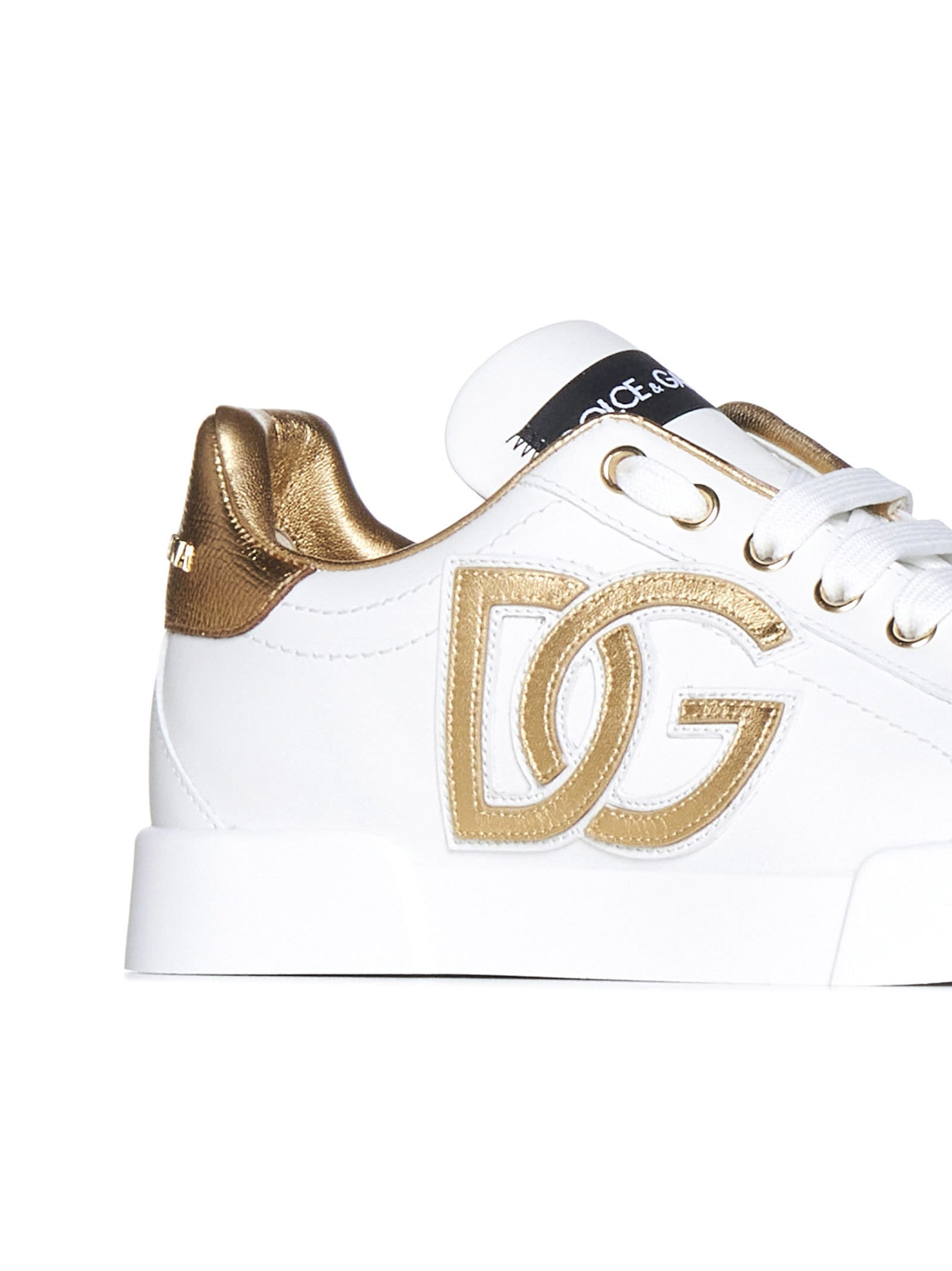 Dolce & Gabbana Portofino Logo Detail Leather Sneakers In White