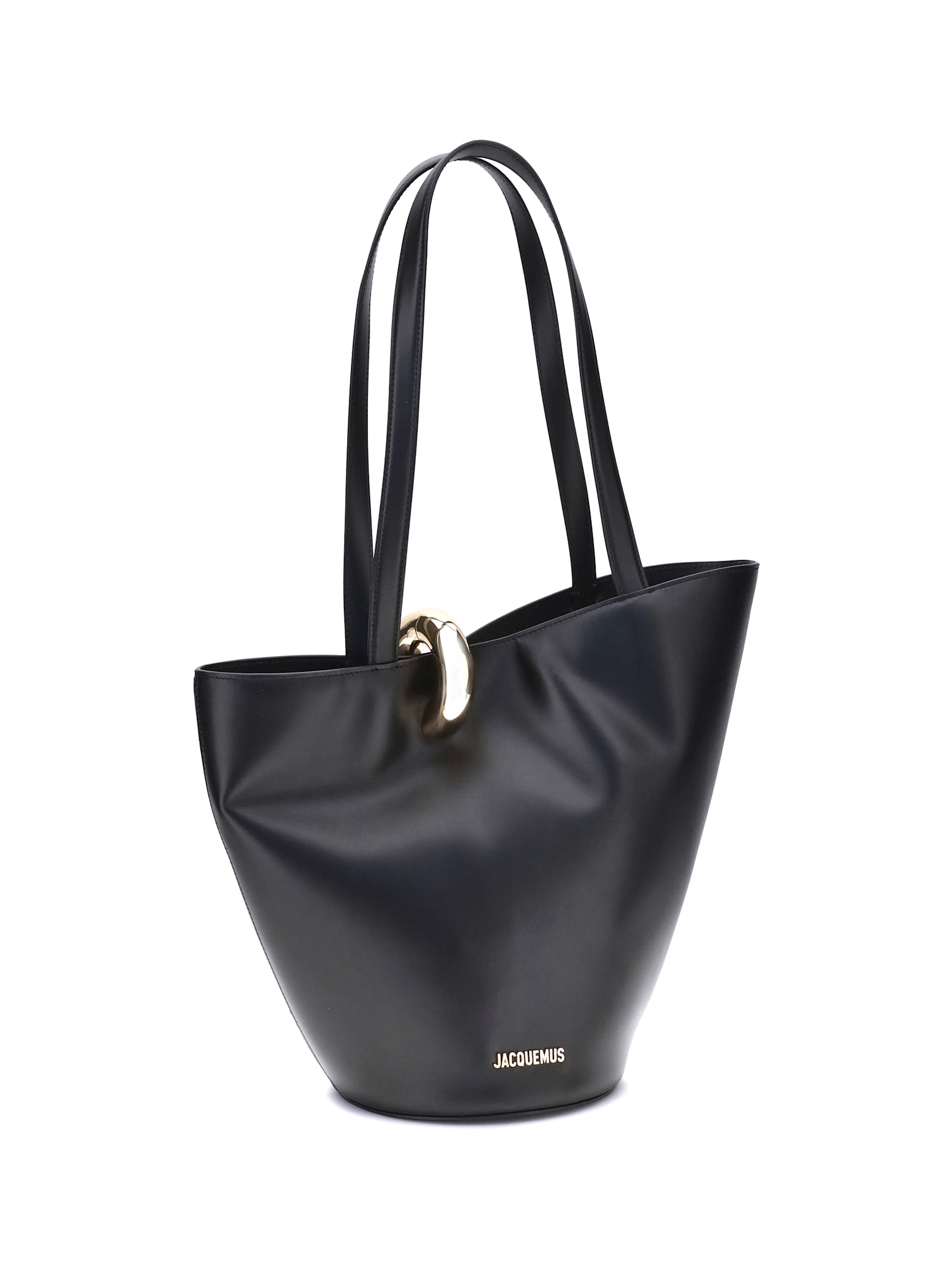 Jacquemus Structured Black Leather Shoulder Bag With Gold Hardware In Black
