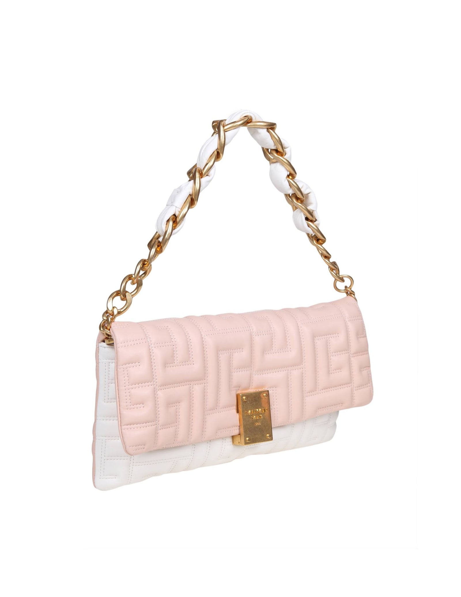 Shop Balmain 1945 Soft Clutch Bag In Monogram Quilted Leather In Creme/nude