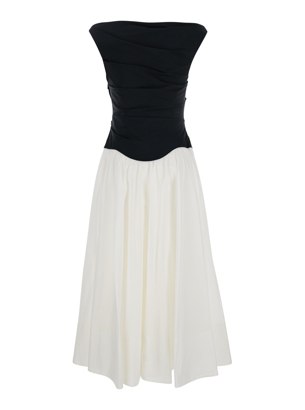 Shop Simkhai Cersei Black And White Off-shoulder Midi Dress With Flared Skirt In Cotton Blend Woman
