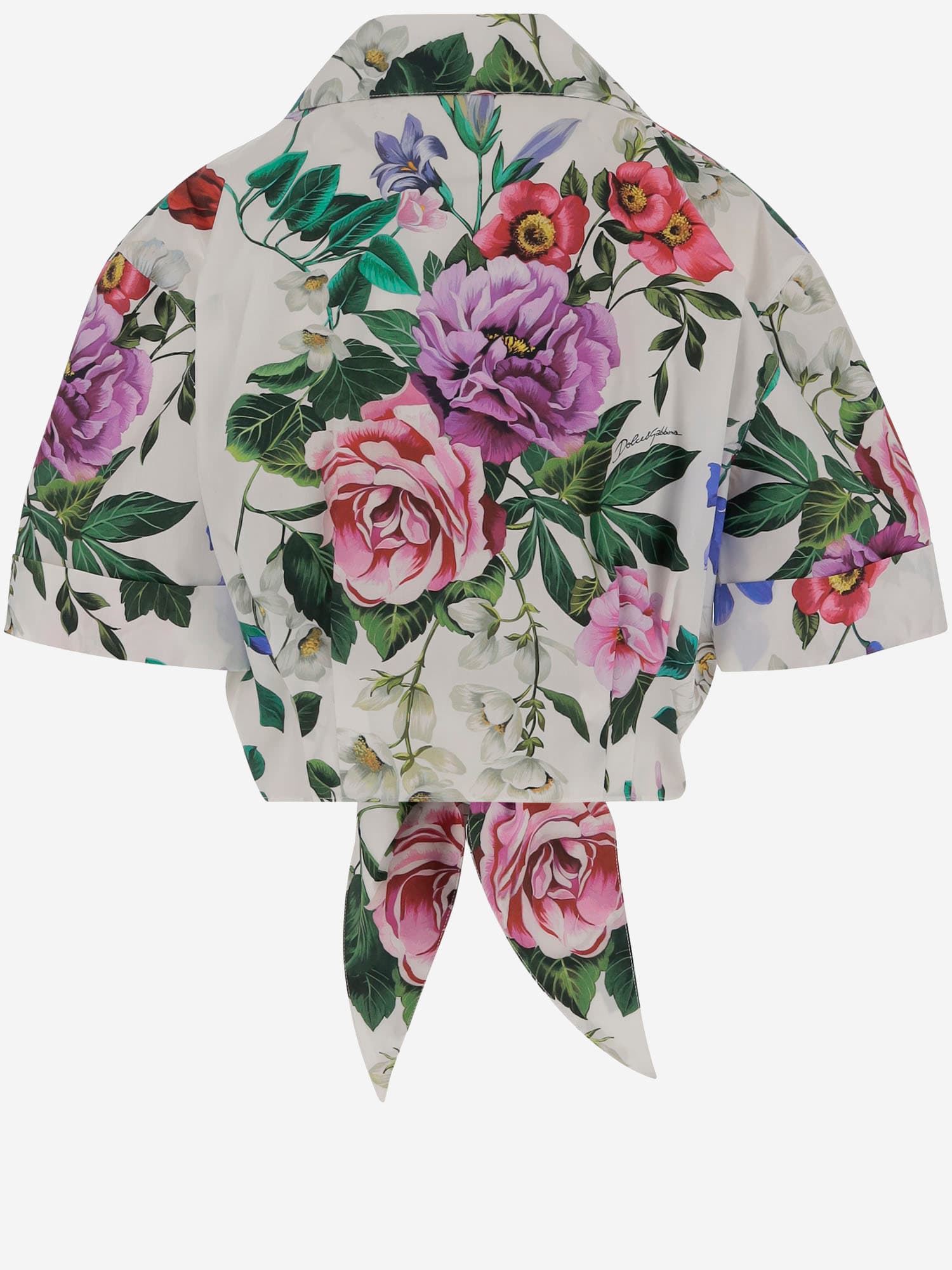 Dolce & Gabbana Multicolor Crop Shirt With All-over Floral Motif And Logo Lettering Detail On The Front In Cotton Wo In Red