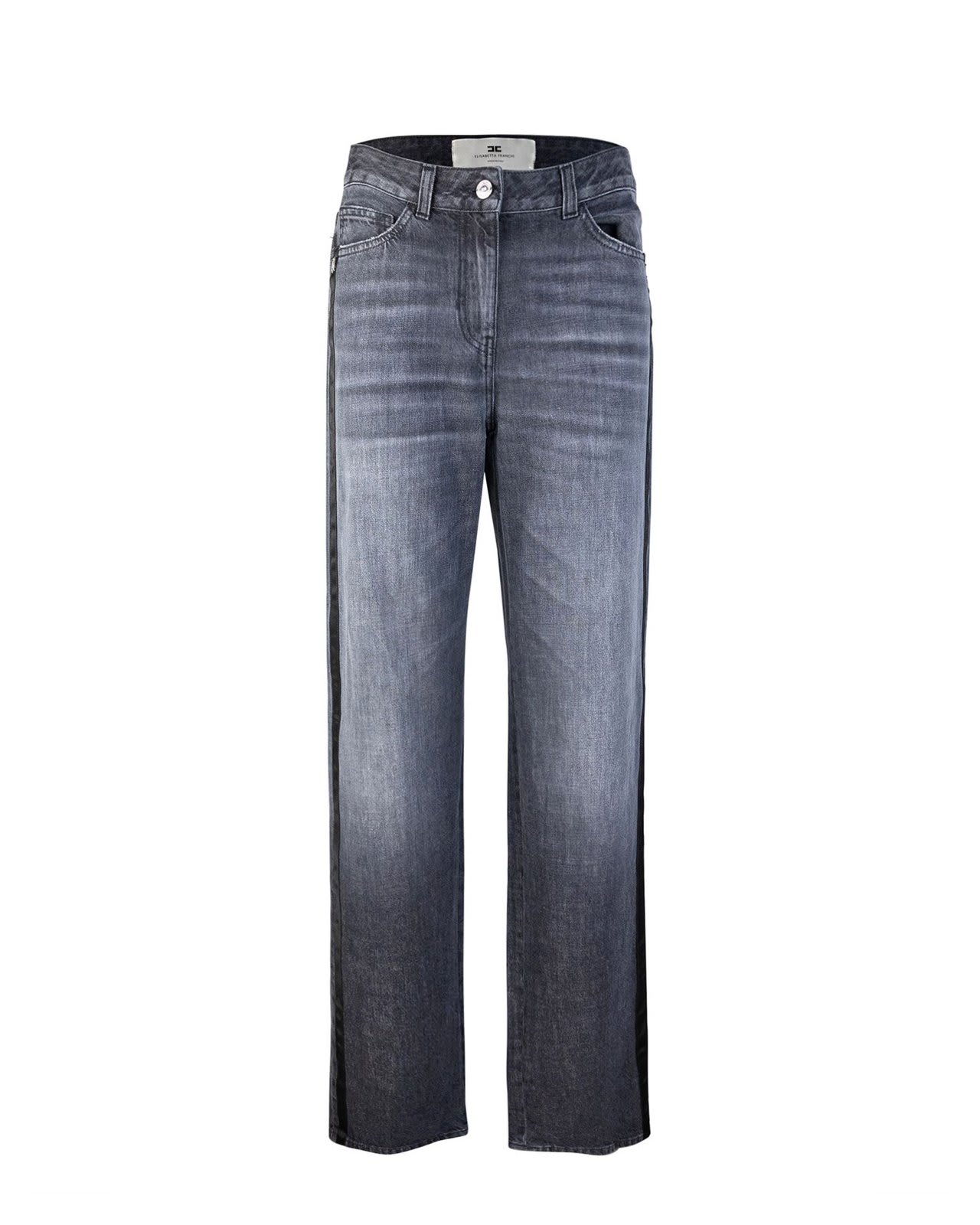 Shop Elisabetta Franchi Satin Band Wide-leg Jeans In Black Denim