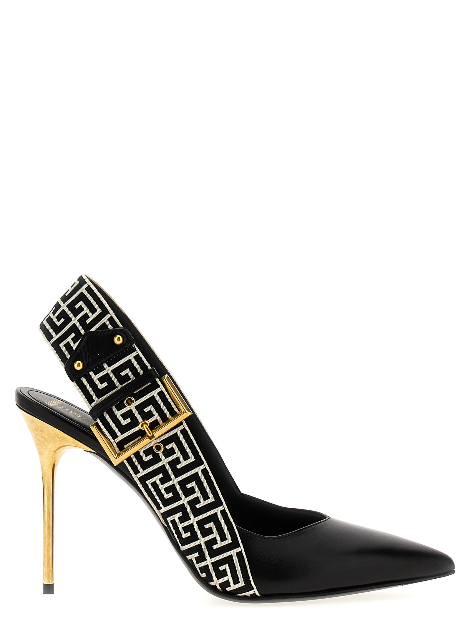 Balmain Ruby Stiletto Slingbacks In Calfskin And Pb Labyrinth Canvas In Black