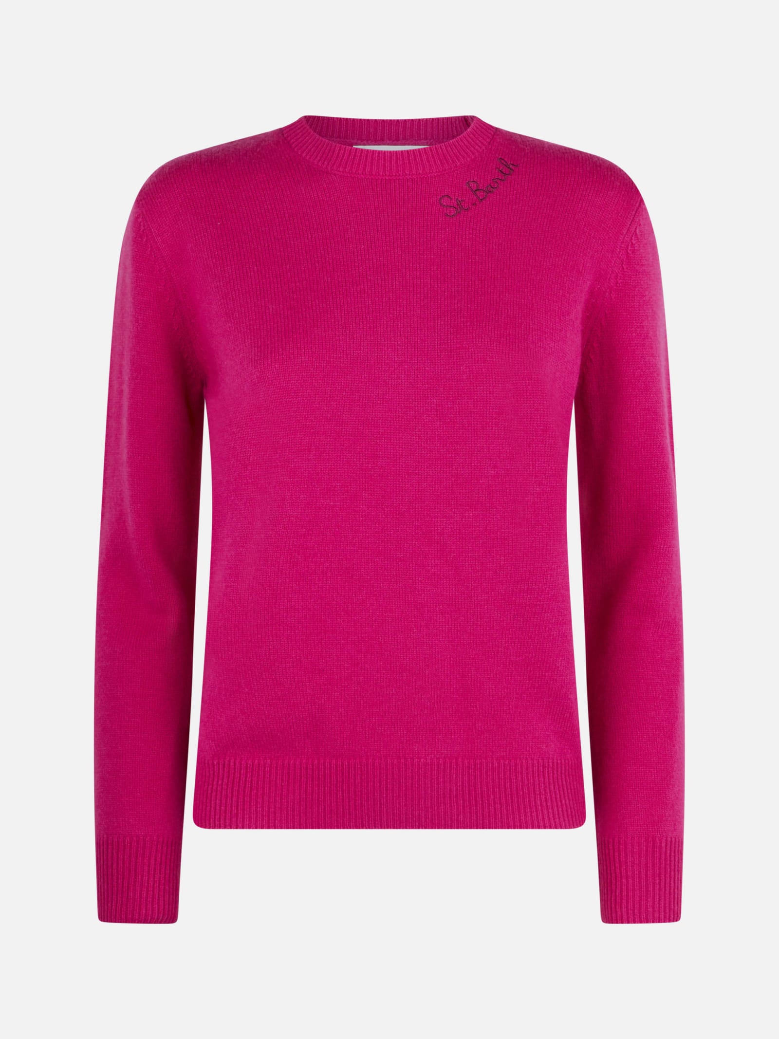 Mc2 Saint Barth Woman Crewneck Fuchsia Sweater With St. Barth Embroidery In Pink