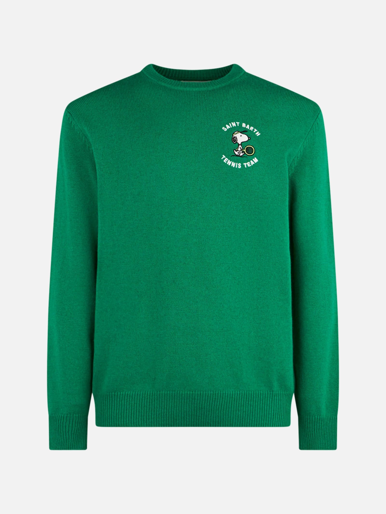 Mc2 Saint Barth Man Crewneck Sweater With Snoopy Tennis Jacquard Snoopy - ©peanuts Special Edition In Green