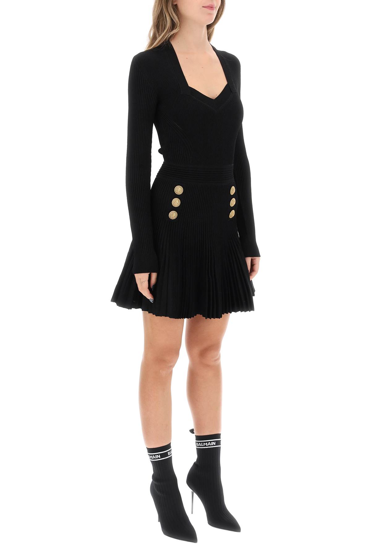 Shop Balmain Long Sleeve Knitted Mini Dress In Noir