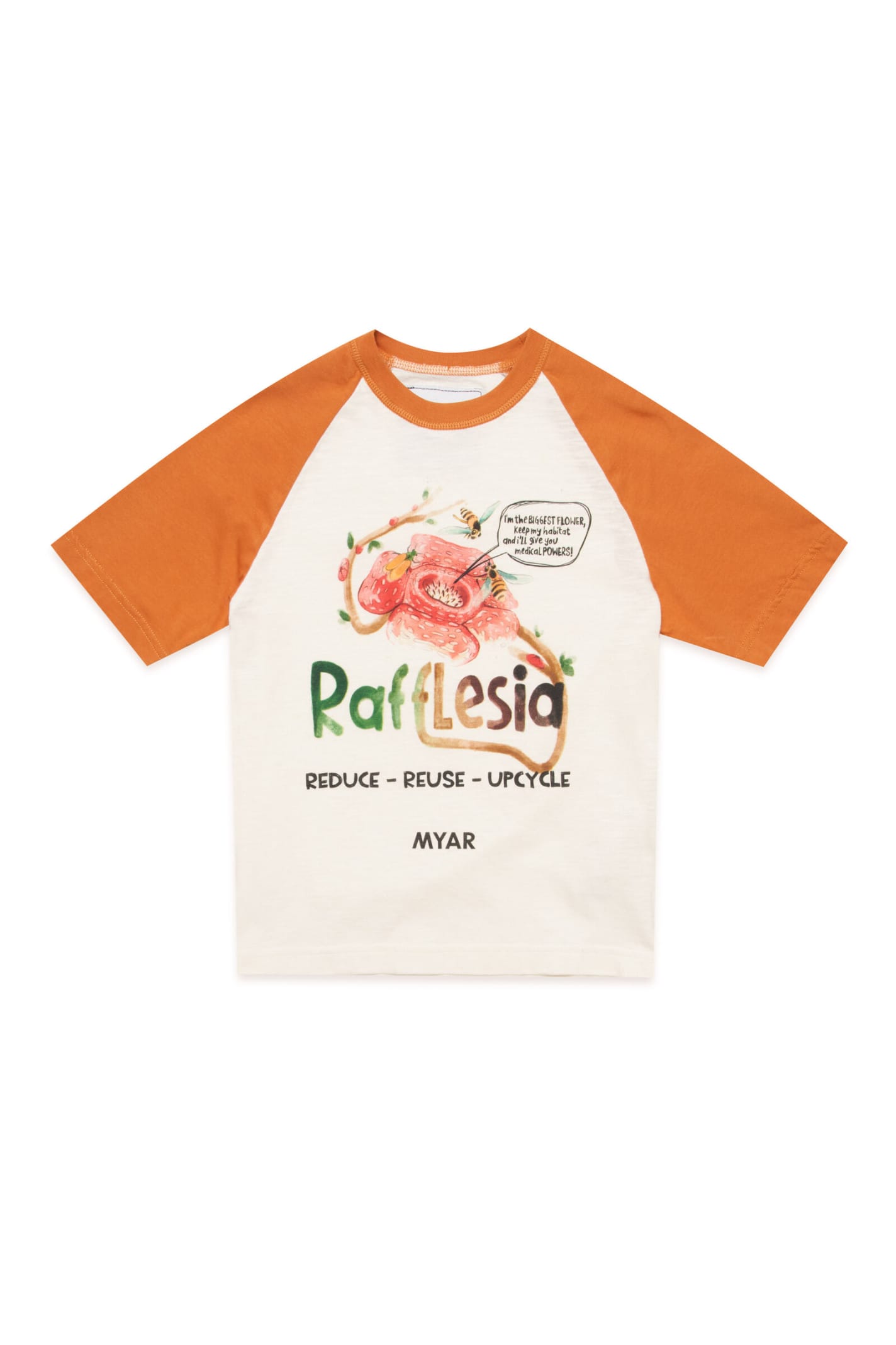Myar Kids' Two-tone White And Orange Deadstock Fabric Crew-neck T-shirt With Rafflesia Digital Print