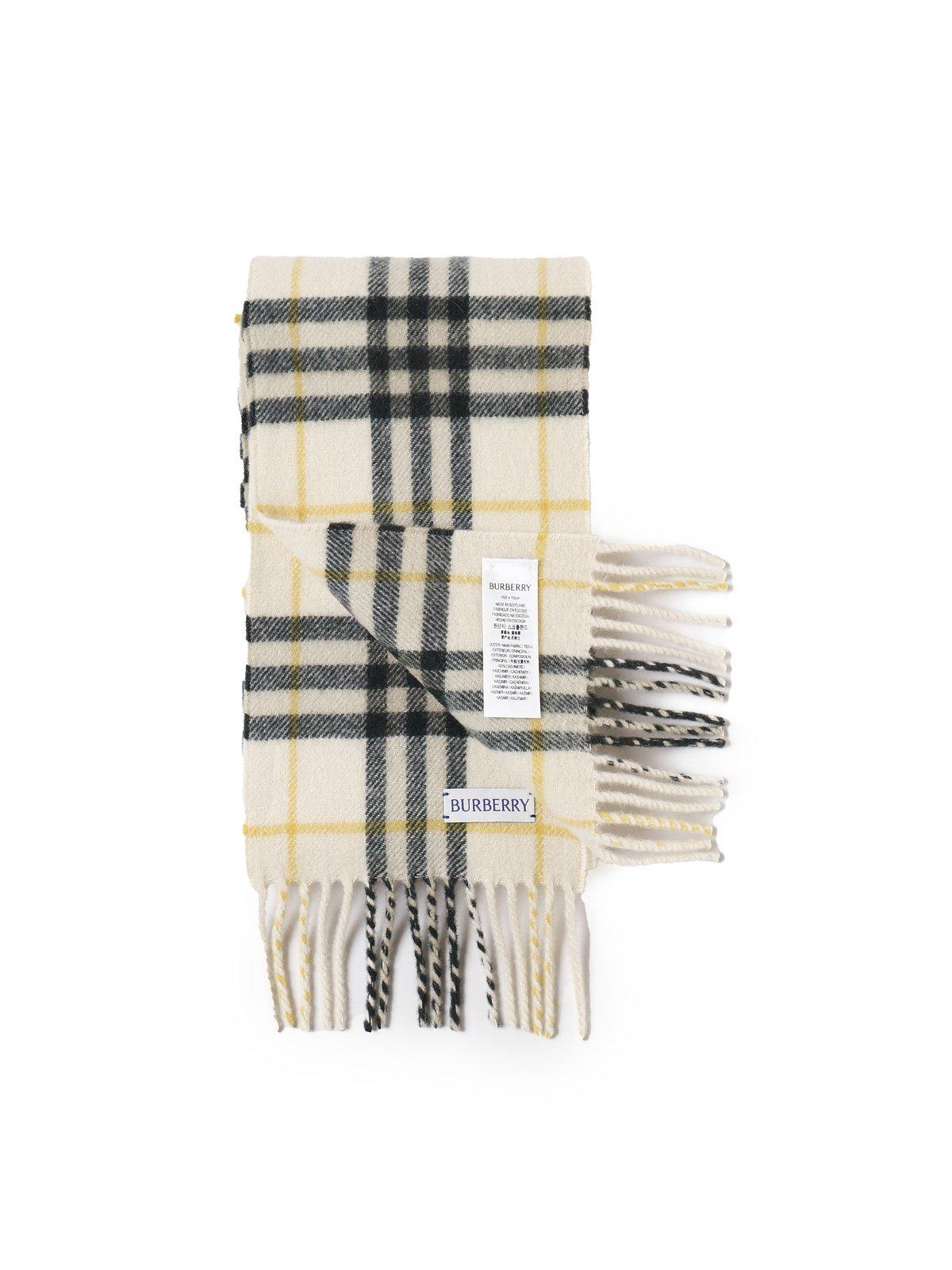 Shop Burberry Checked Fringed Scarf In Candle